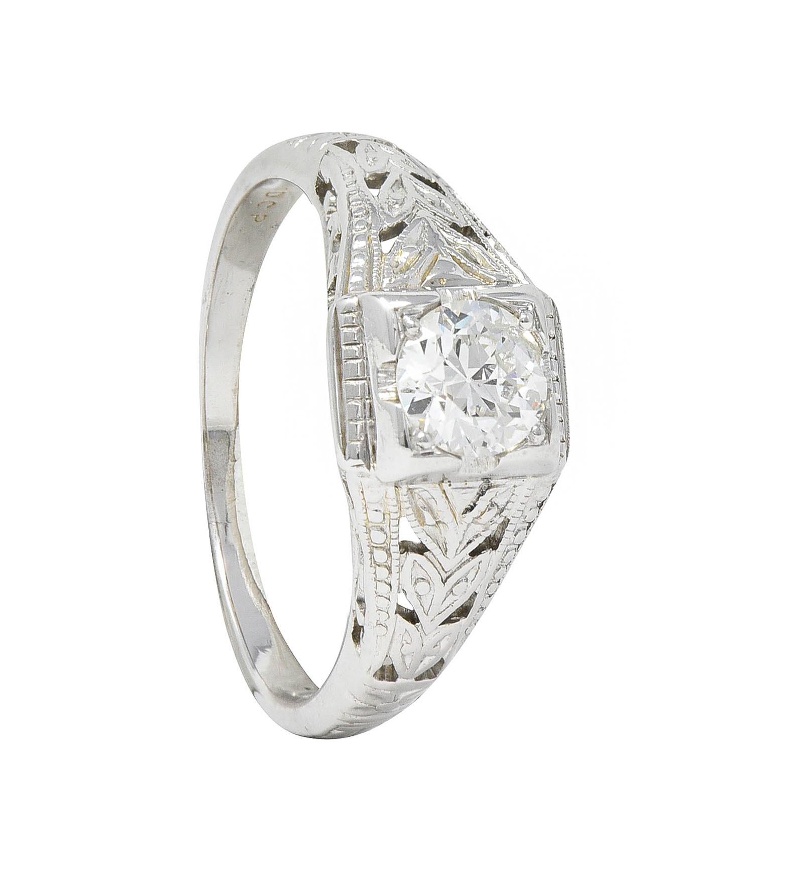 Art Deco European Diamond 18 Karat White Gold Antique Solitaire Engagement Ring