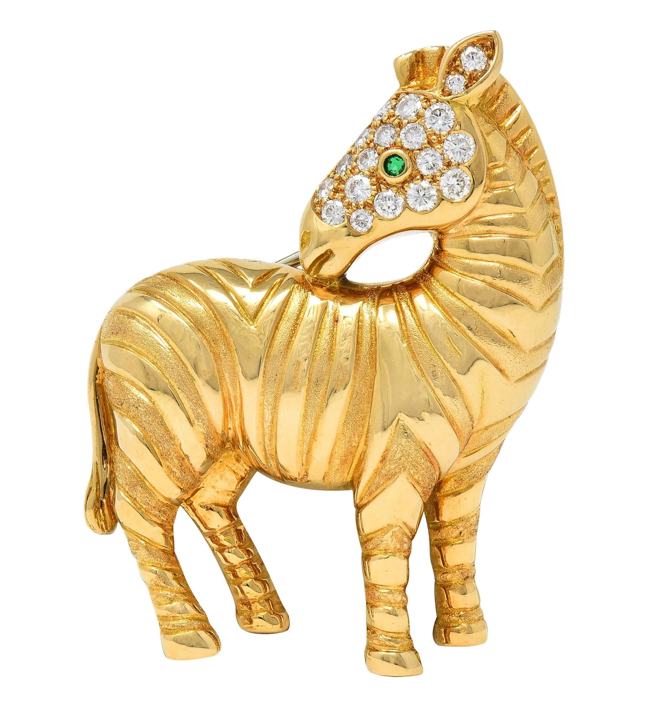 Tiffany & Co. French 1980s Emerald Diamond 18K Yellow Gold Vintage Zebra Brooch