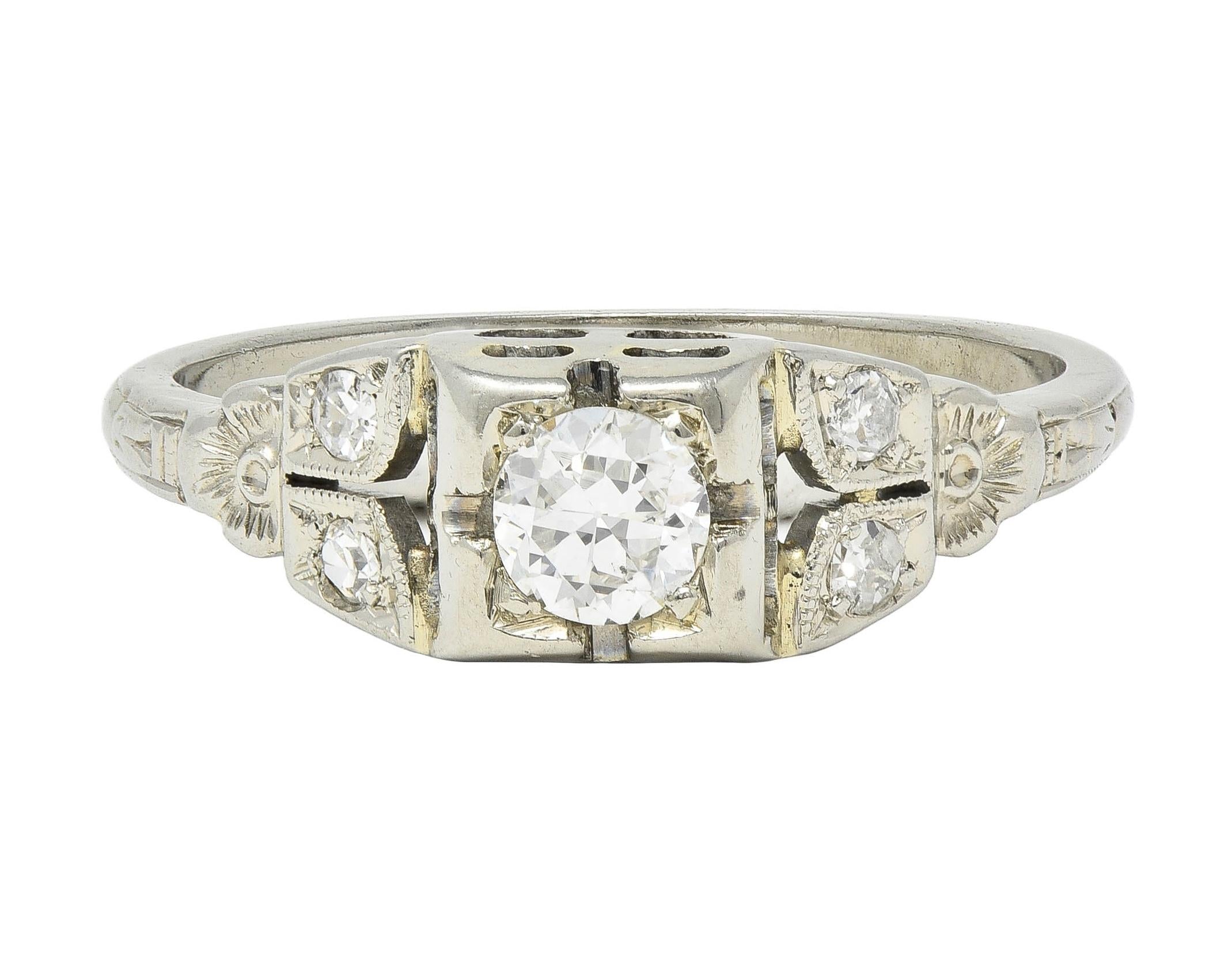 Art Deco 0.32 CTW Diamond 18 Karat White Gold Vintage Floral Engagement Ring