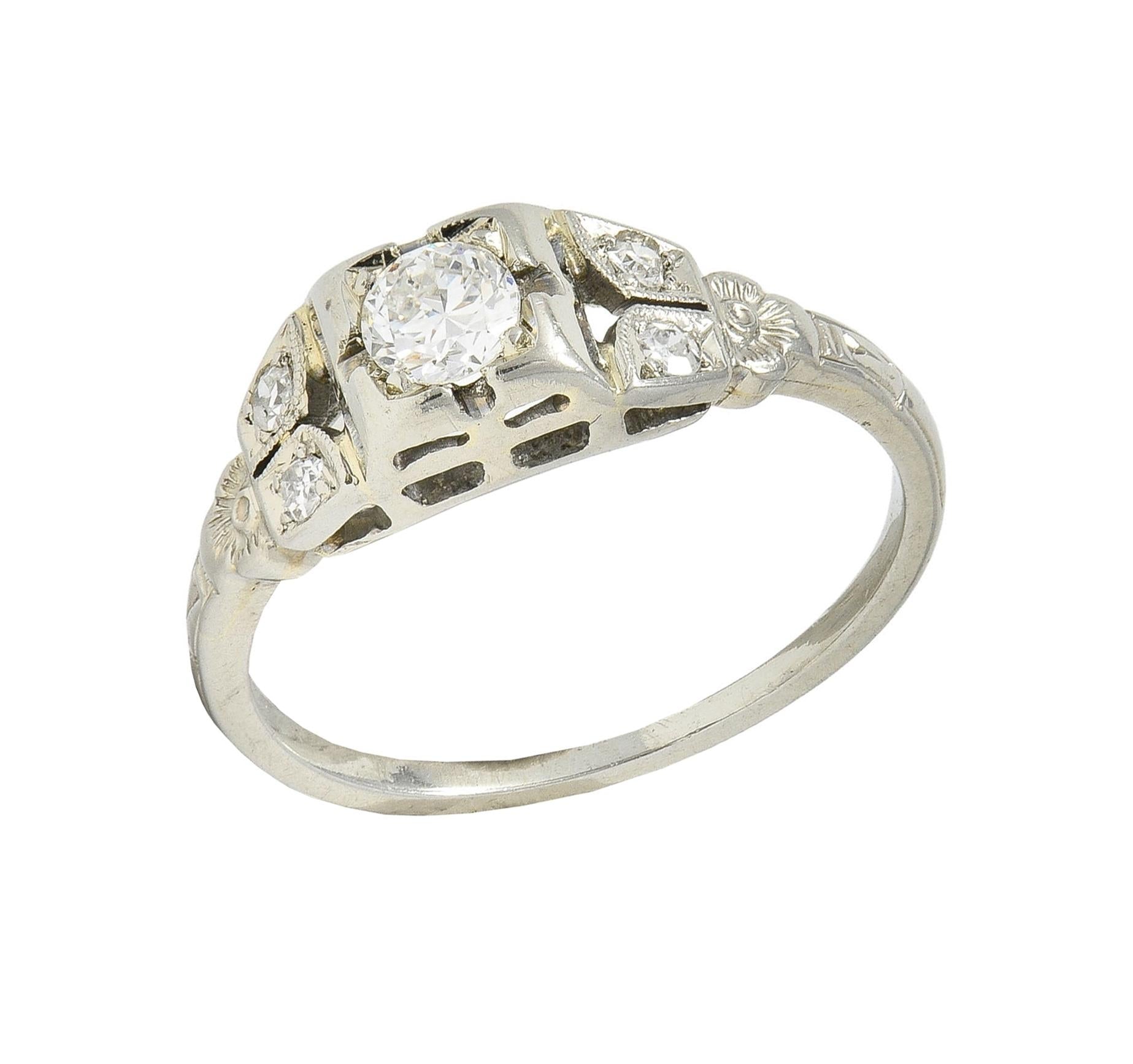 Art Deco 0.32 CTW Diamond 18 Karat White Gold Vintage Floral Engagement Ring