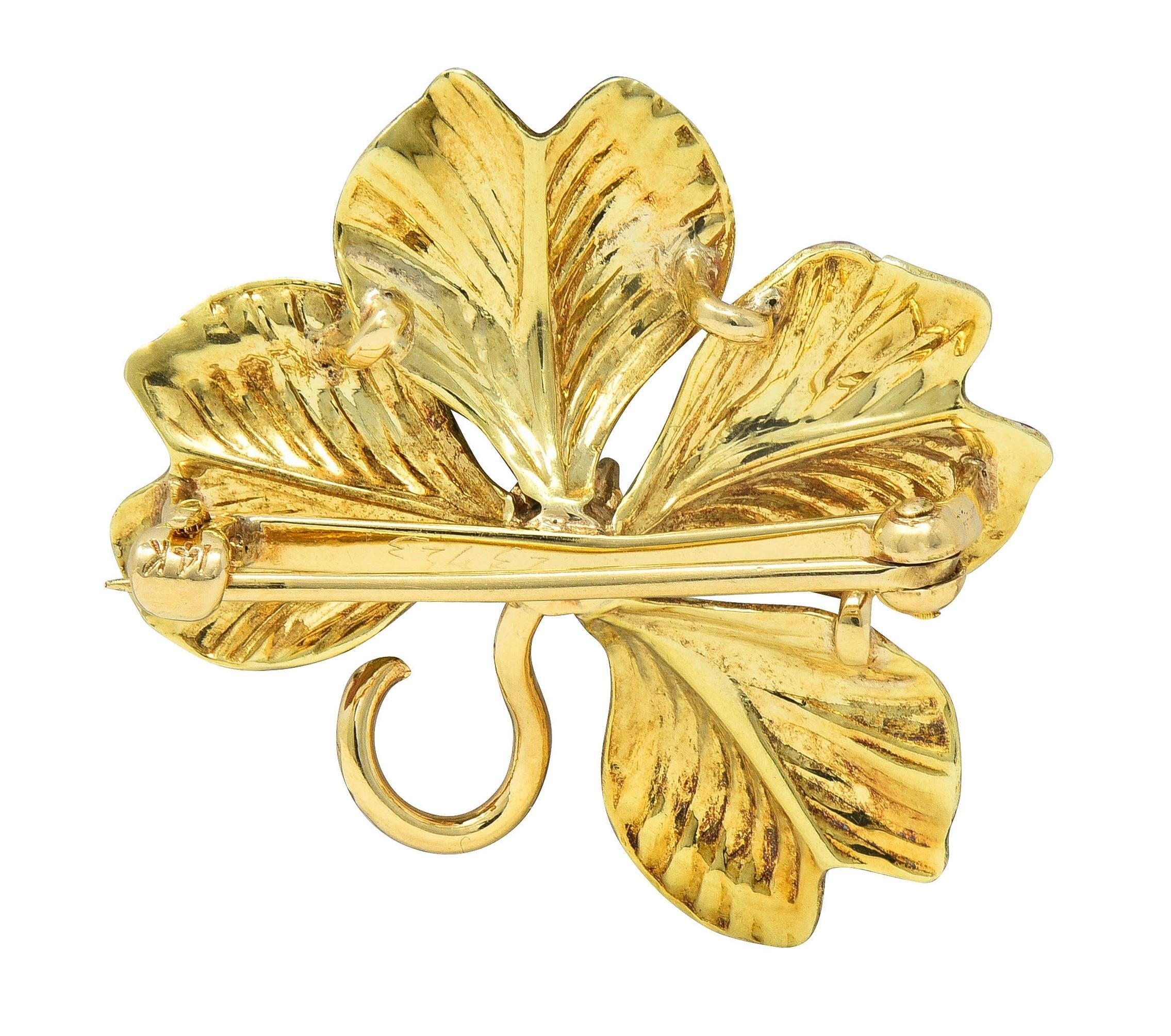 Art Nouveau Pearl Enamel 14 Karat Yellow Gold Antique Clover Brooch