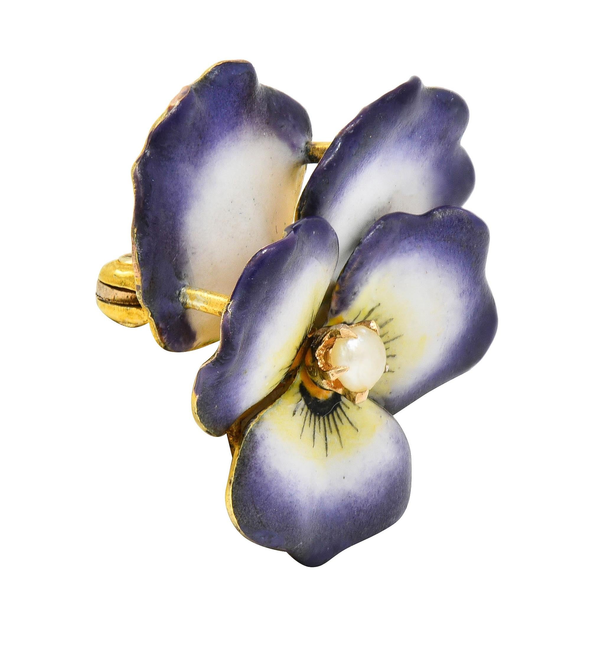 Art Nouveau Enamel Pearl 10 Karat Gold Antique Pansy Flower Pendant Brooch