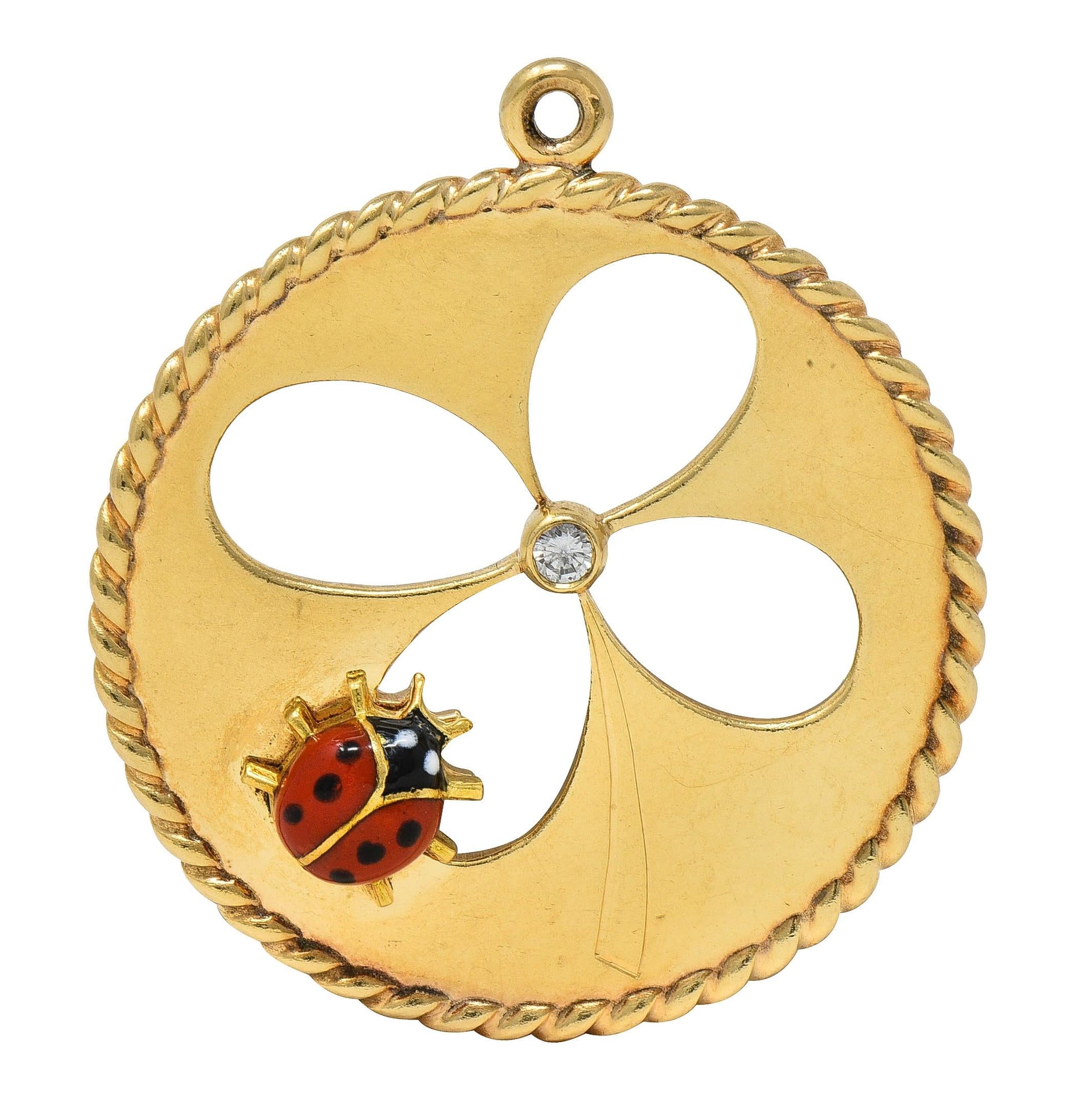 Cartier Diamond Enamel 14K Gold Ladybug Clover Vintage Pendant Charm