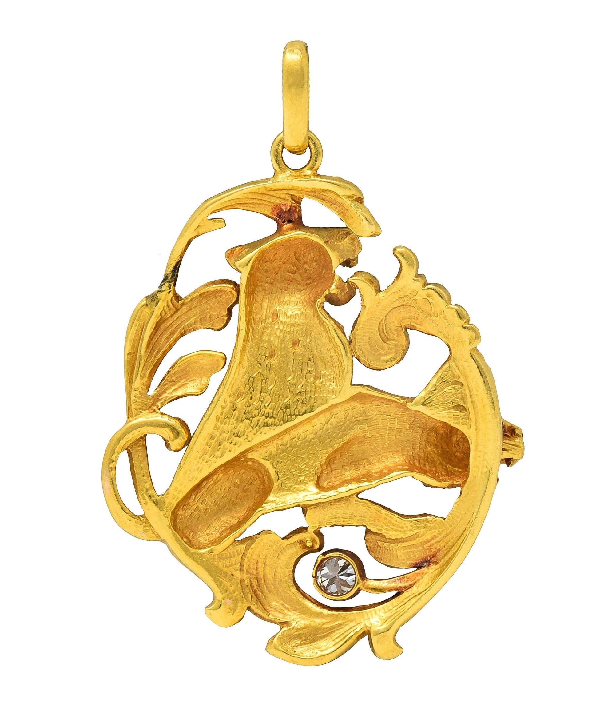 Art Nouveau Diamond Platinum 18 Karat Yellow Gold Antique Lion Pendant