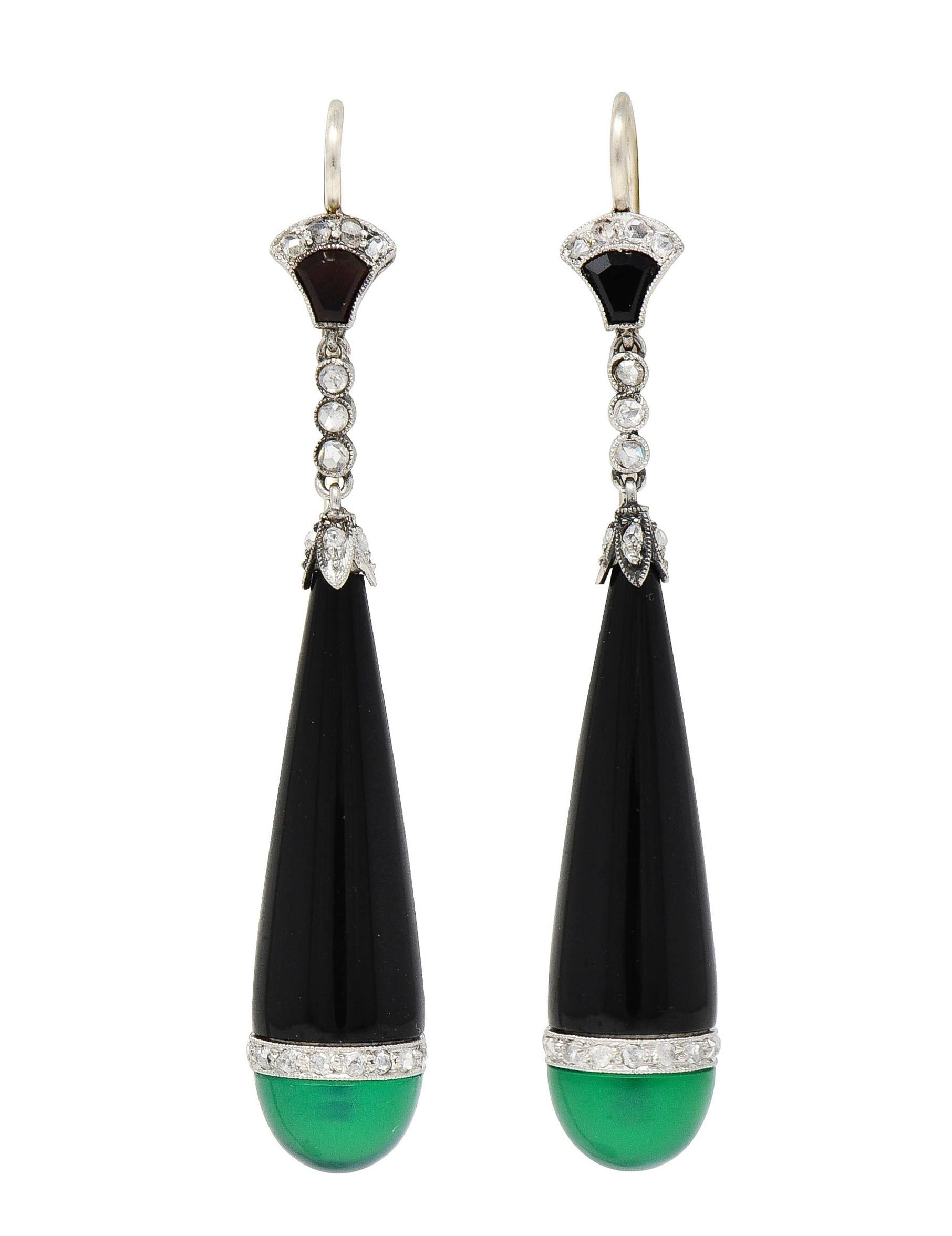 Art Deco Diamond Chrysoprase Onyx Platinum Lotus Antique Drop Earrings