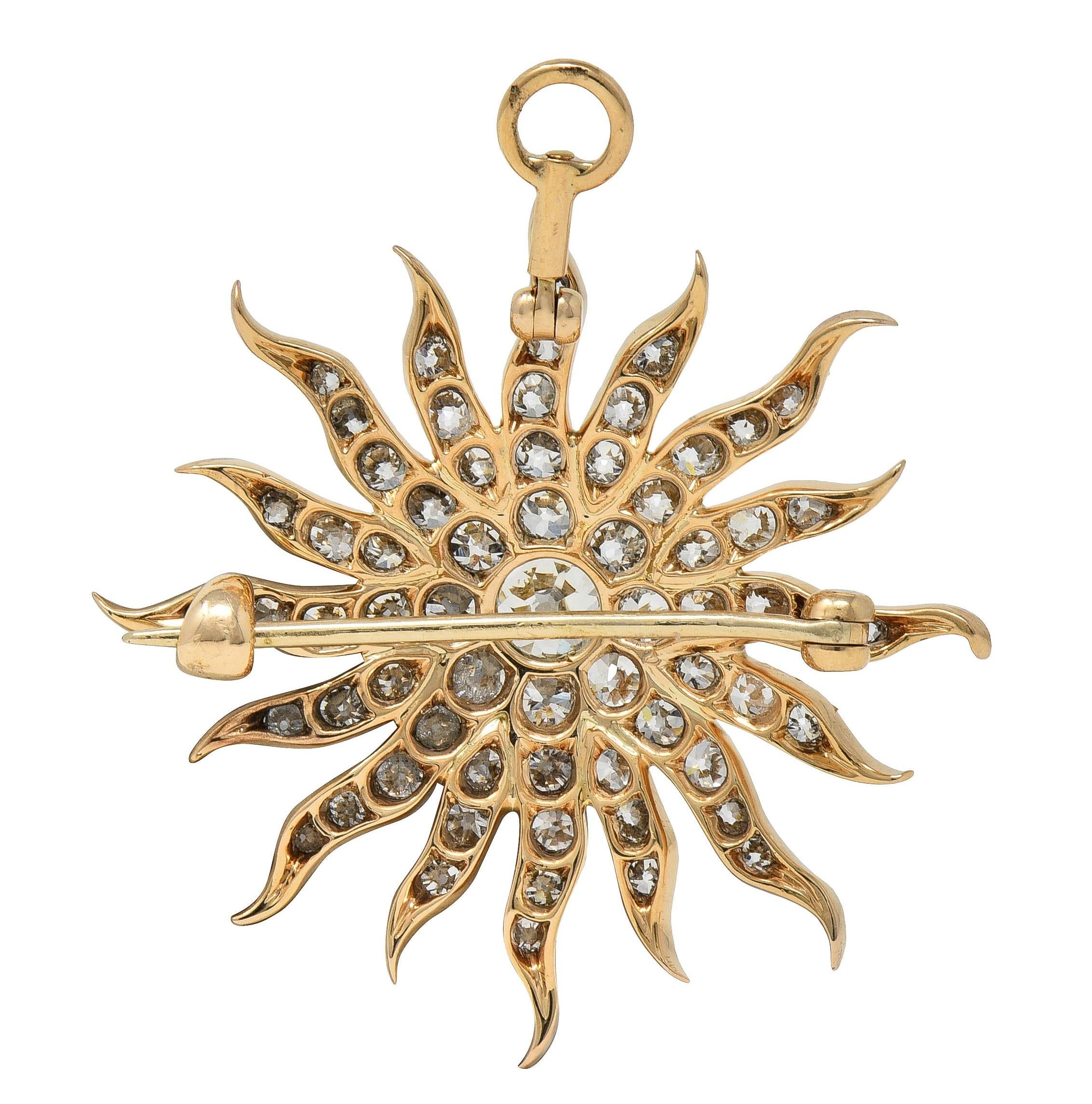 Victorian 3.80 CTW Diamond 14 Karat Yellow Gold Antique Starburst Pendant Brooch