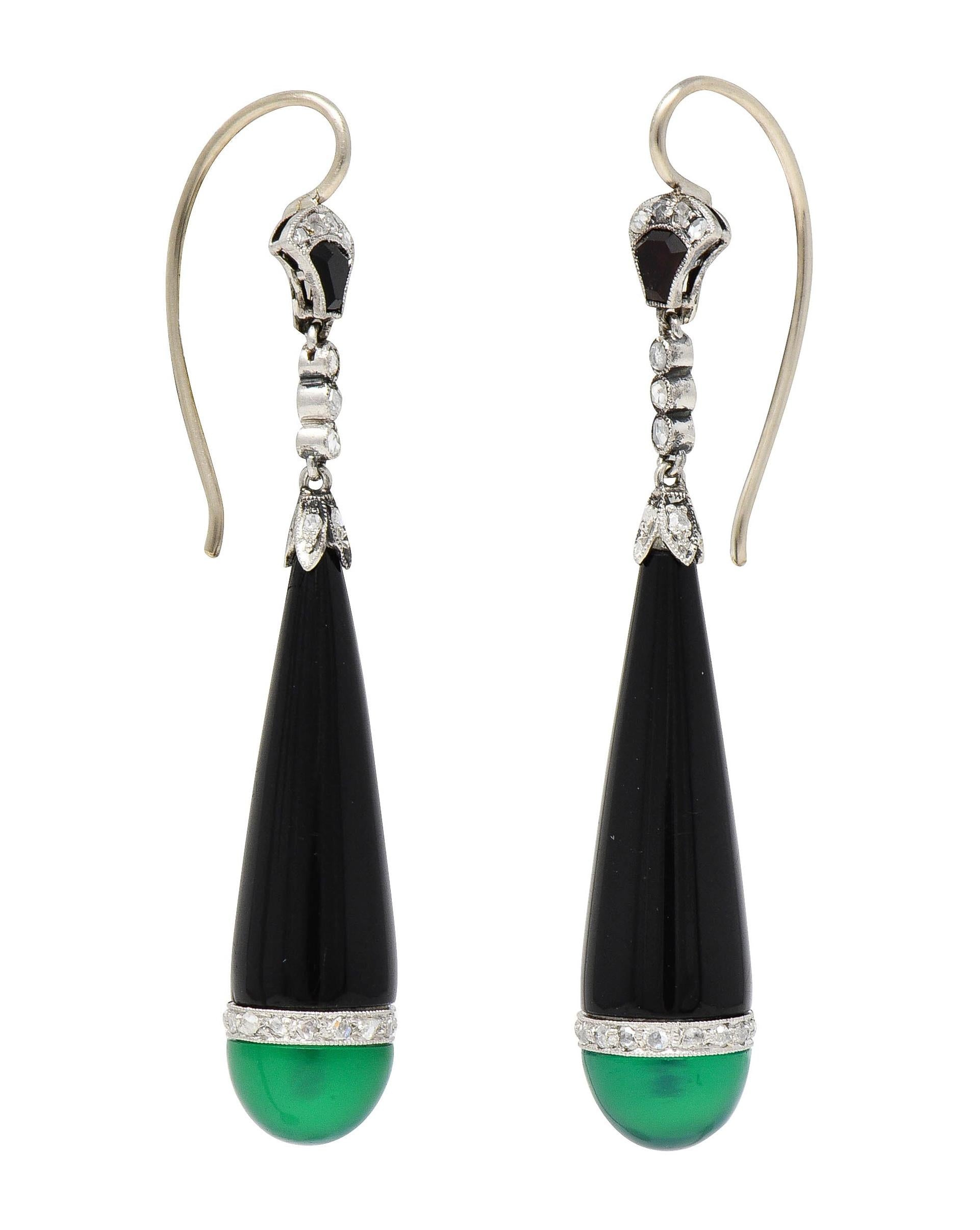 Art Deco Diamond Chrysoprase Onyx Platinum Lotus Antique Drop Earrings