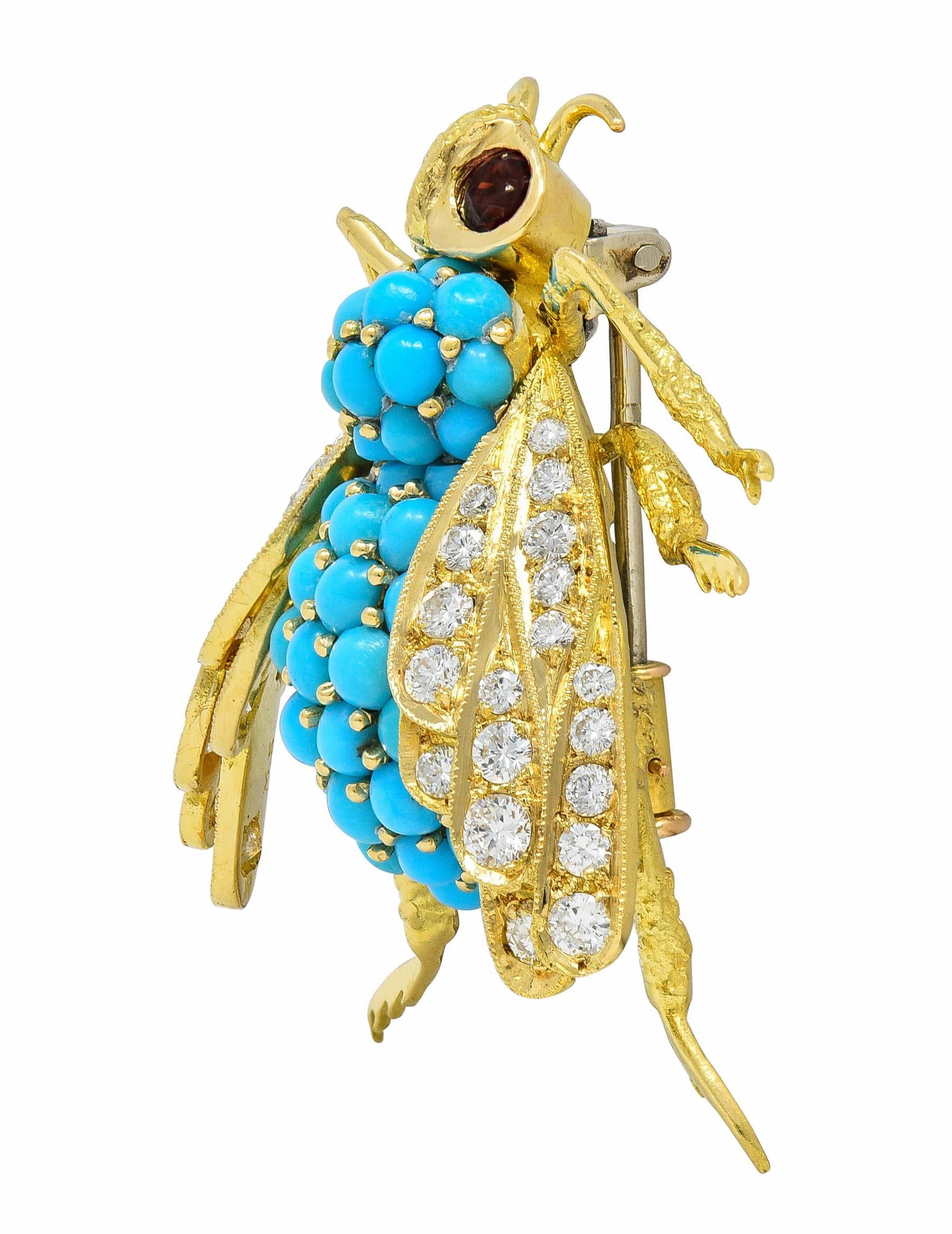 French 1960's 1.30 CTW Diamond Garnet Turquoise 18K Gold Vintage Bee Brooch