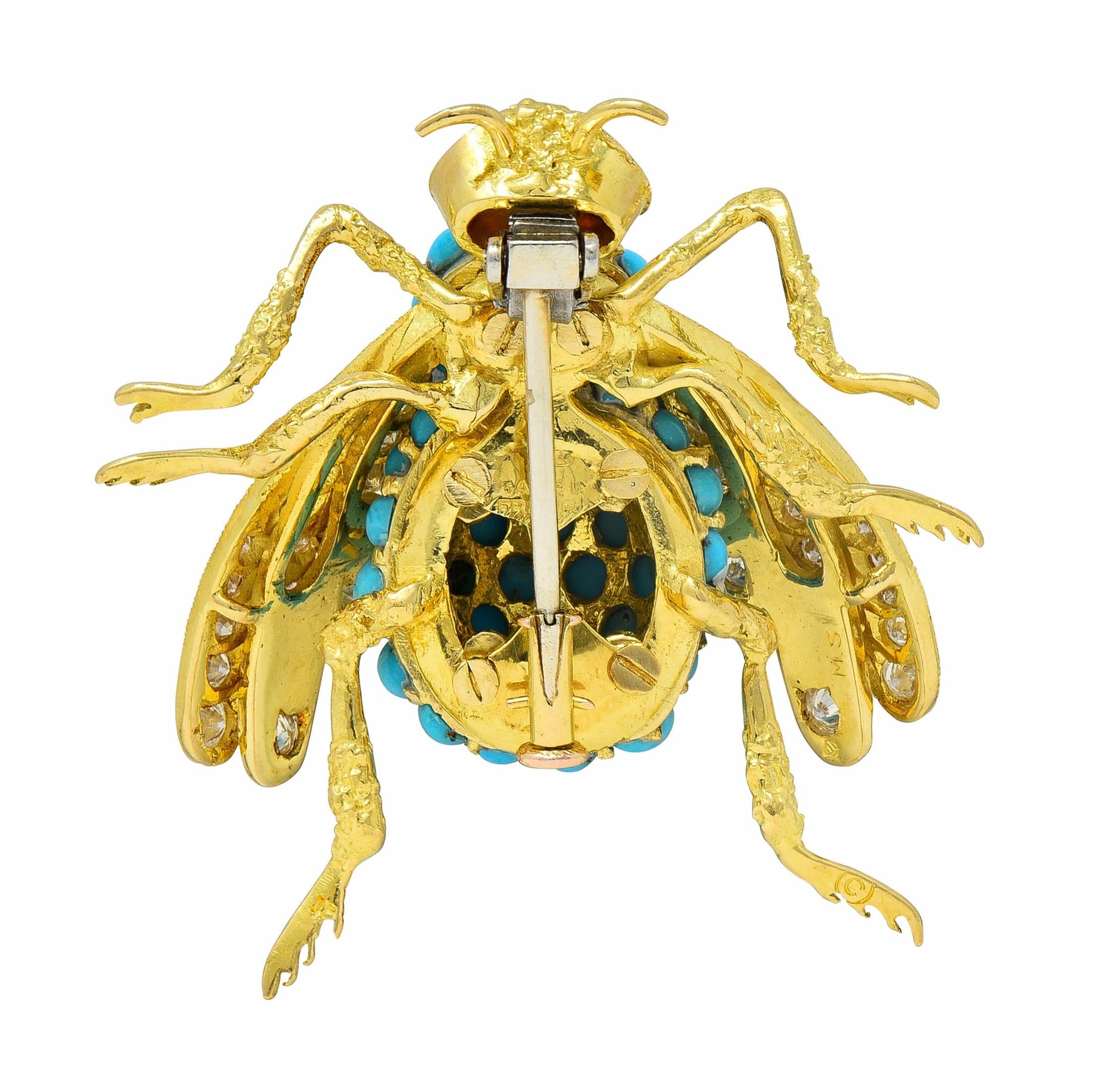 French 1960's 1.30 CTW Diamond Garnet Turquoise 18K Gold Vintage Bee Brooch