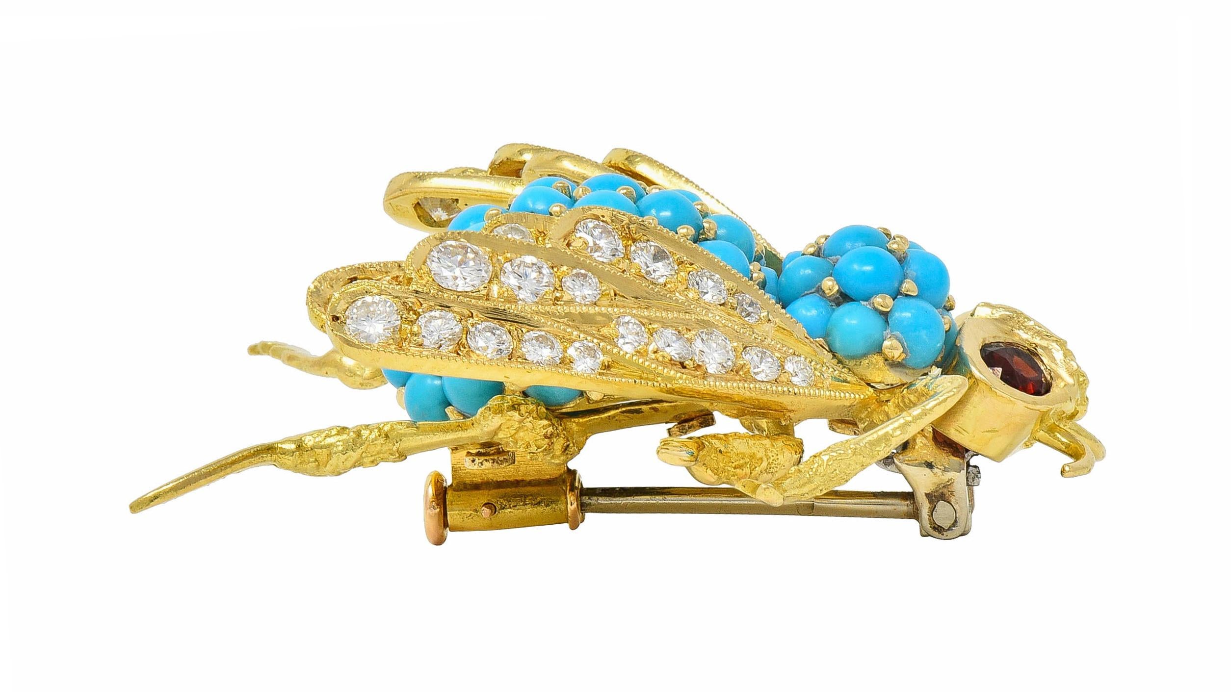 French 1960's 1.30 CTW Diamond Garnet Turquoise 18K Gold Vintage Bee Brooch