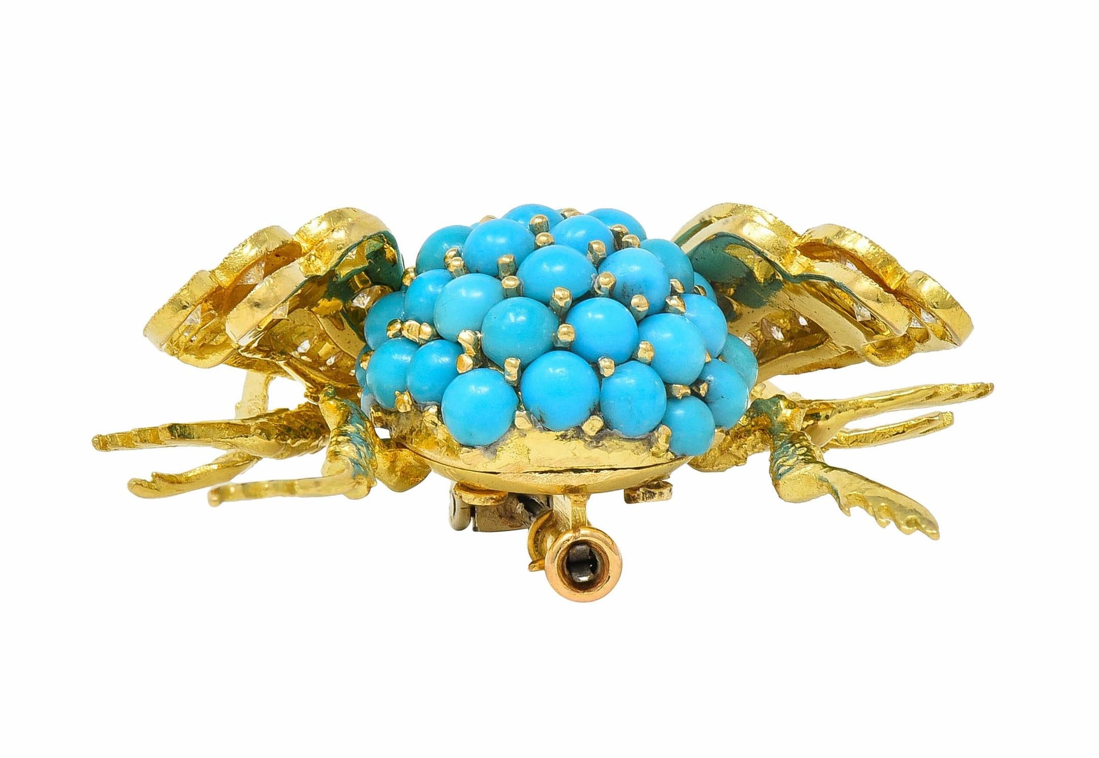 French 1960's 1.30 CTW Diamond Garnet Turquoise 18K Gold Vintage Bee Brooch