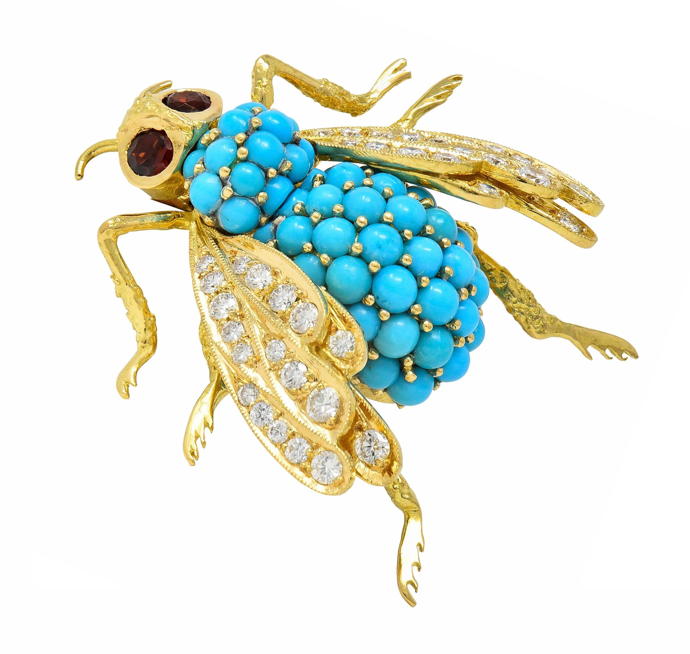 French 1960's 1.30 CTW Diamond Garnet Turquoise 18K Gold Vintage Bee Brooch