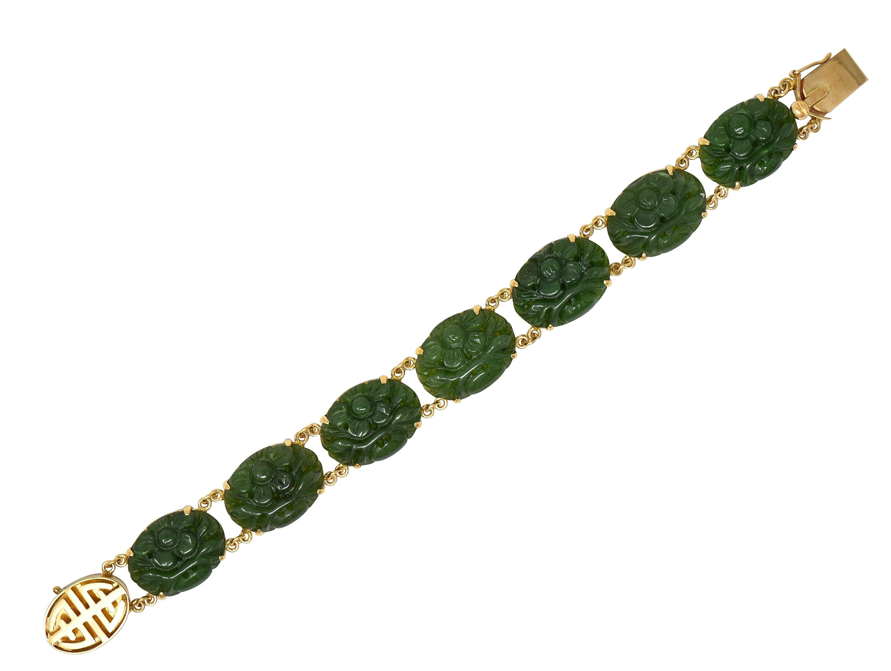 1970's Carved Jade 14 Karat Yellow Gold Floral Shou Vintage Bracelet