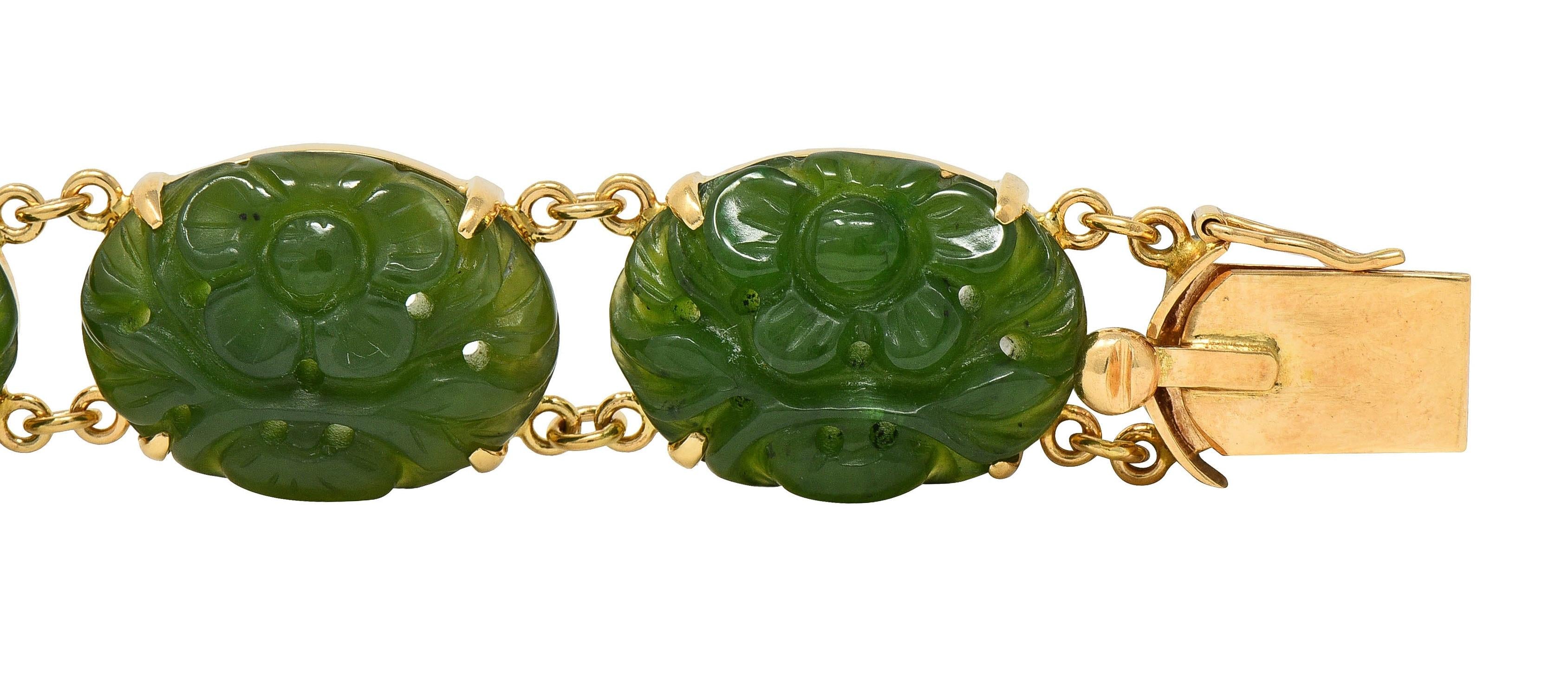 1970's Carved Jade 14 Karat Yellow Gold Floral Shou Vintage Bracelet