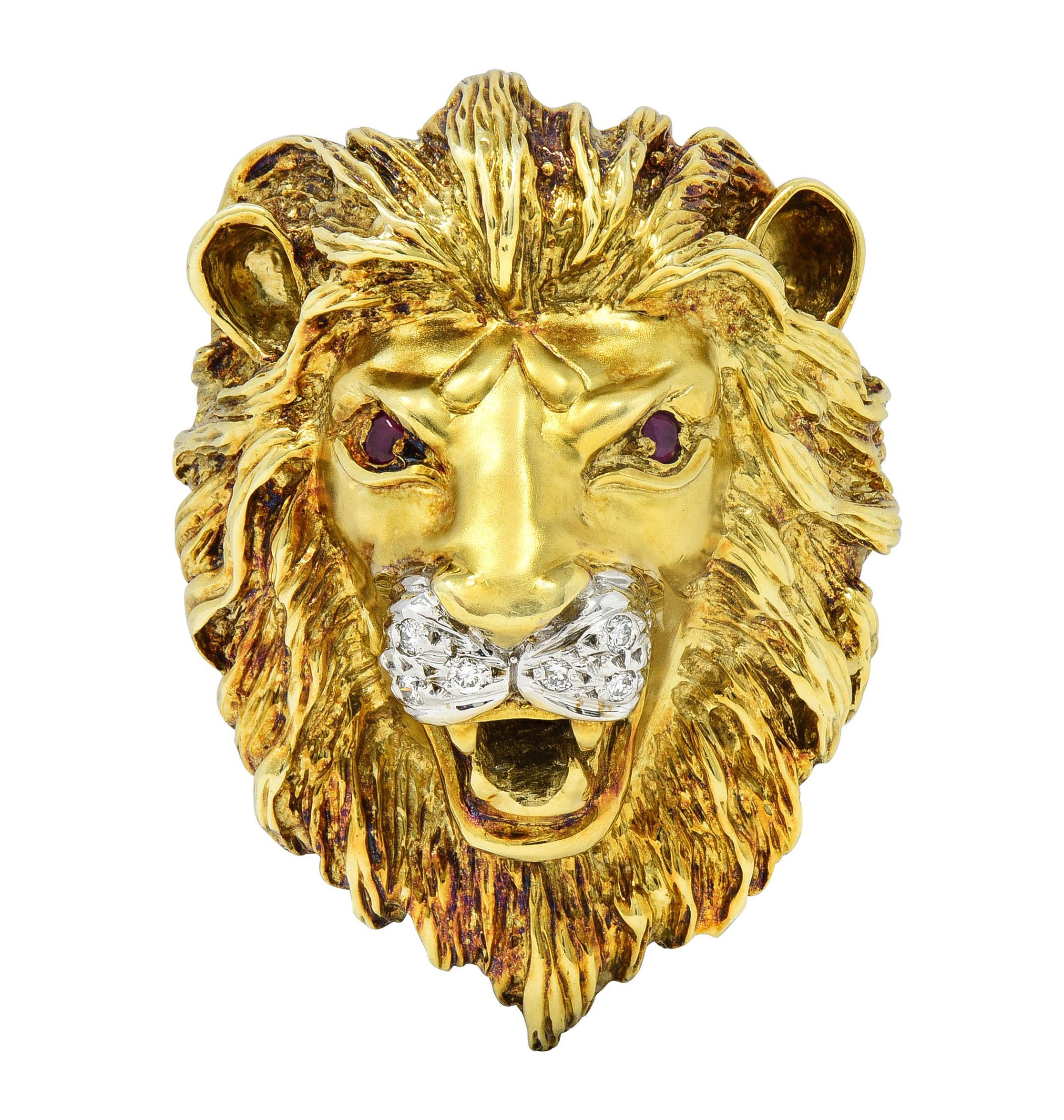 1990's Diamond Ruby 14 Karat Two-Tone Gold Vintage Lion Head Pendant Brooch