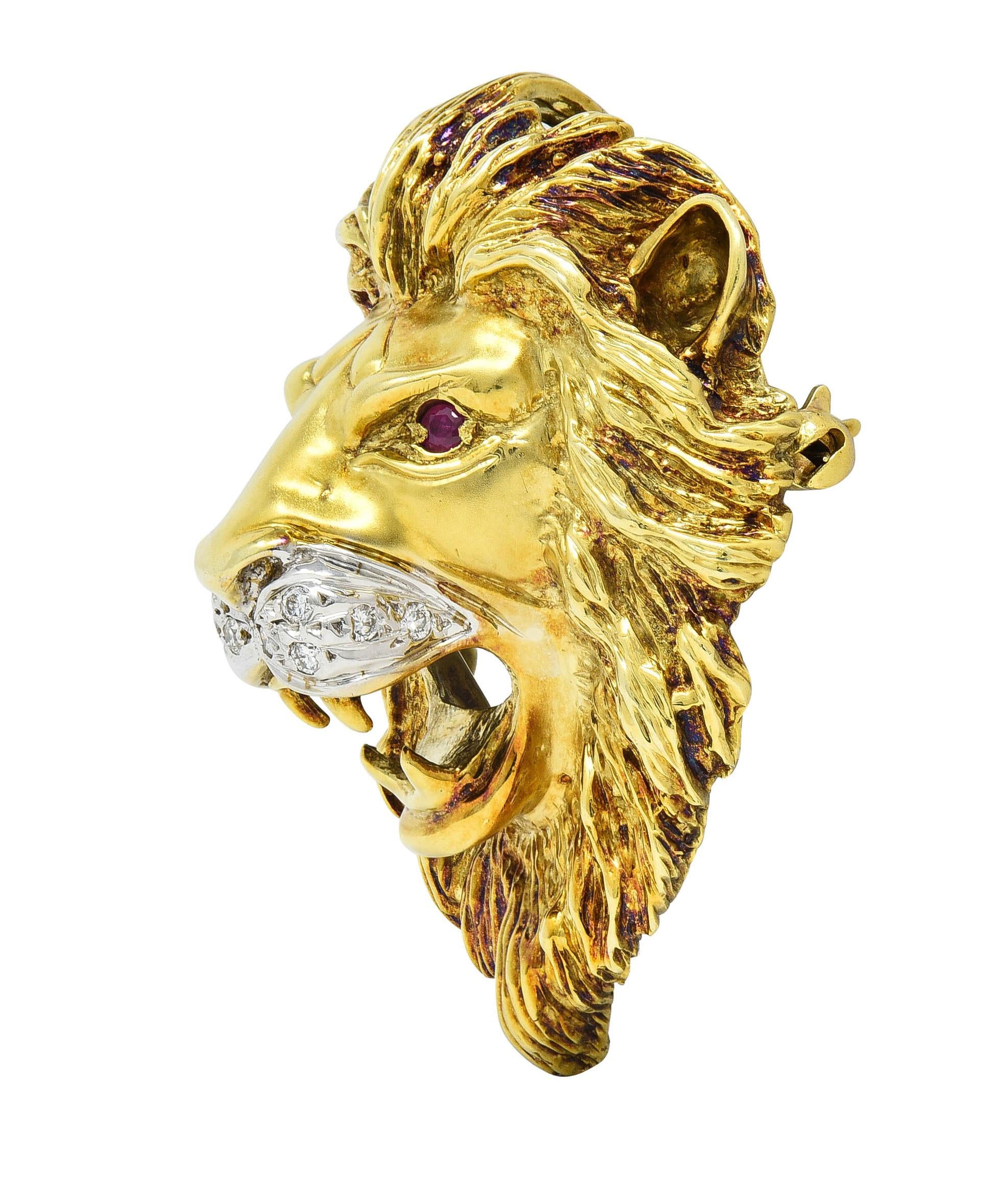 1990's Diamond Ruby 14 Karat Two-Tone Gold Vintage Lion Head Pendant Brooch