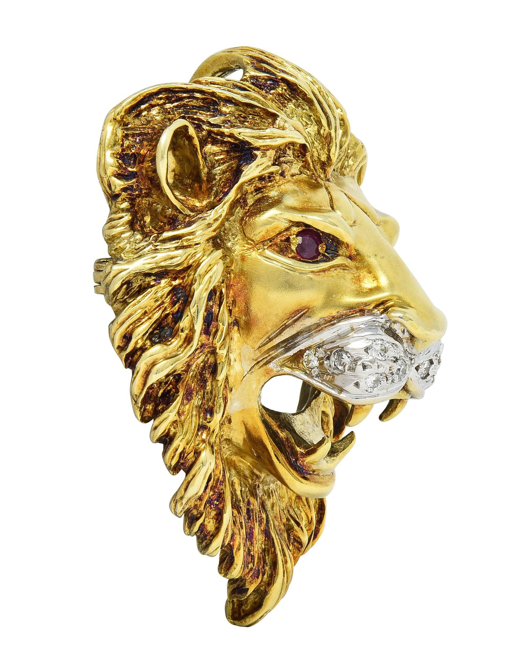 1990's Diamond Ruby 14 Karat Two-Tone Gold Vintage Lion Head Pendant Brooch