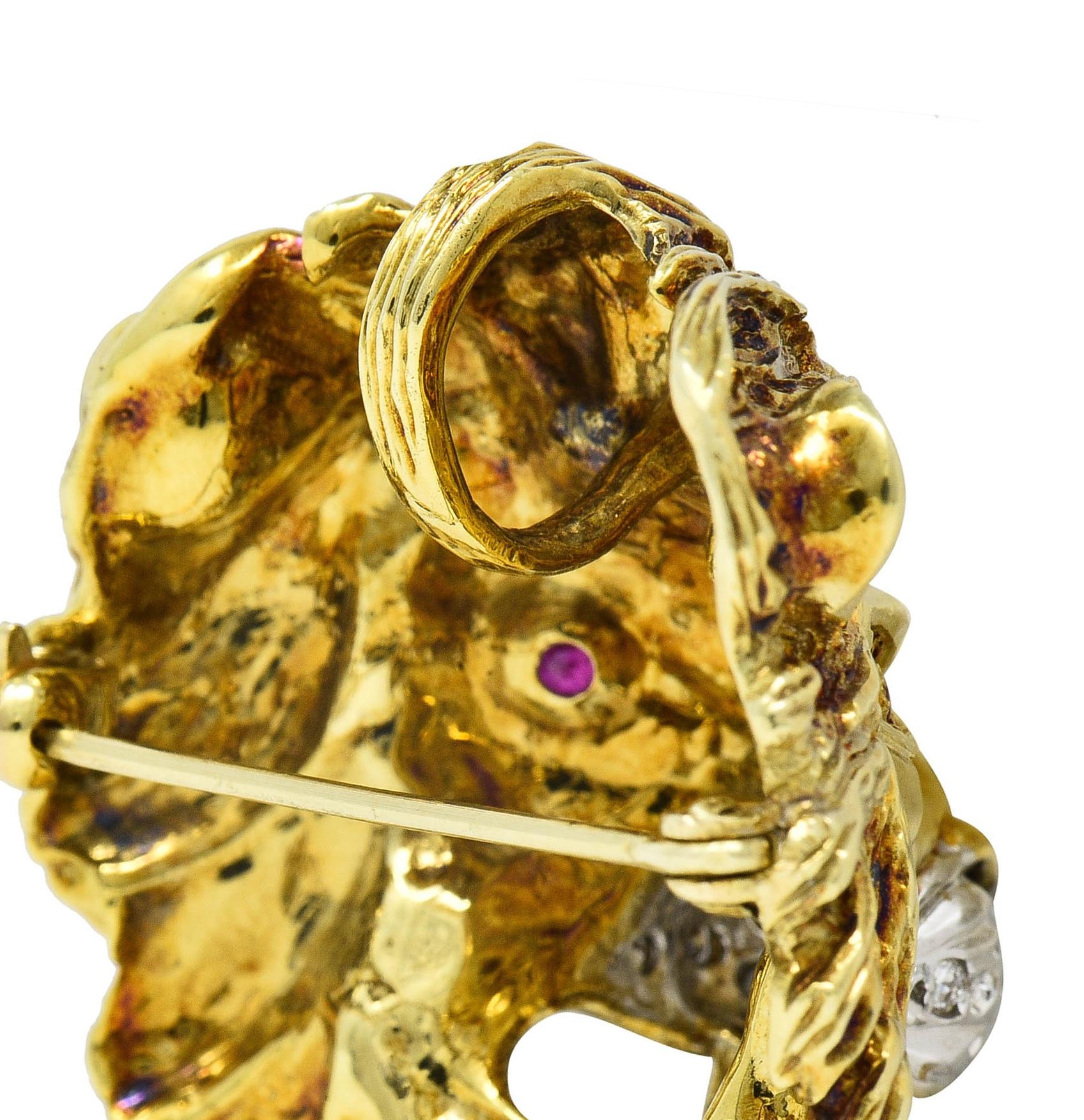 1990's Diamond Ruby 14 Karat Two-Tone Gold Vintage Lion Head Pendant Brooch