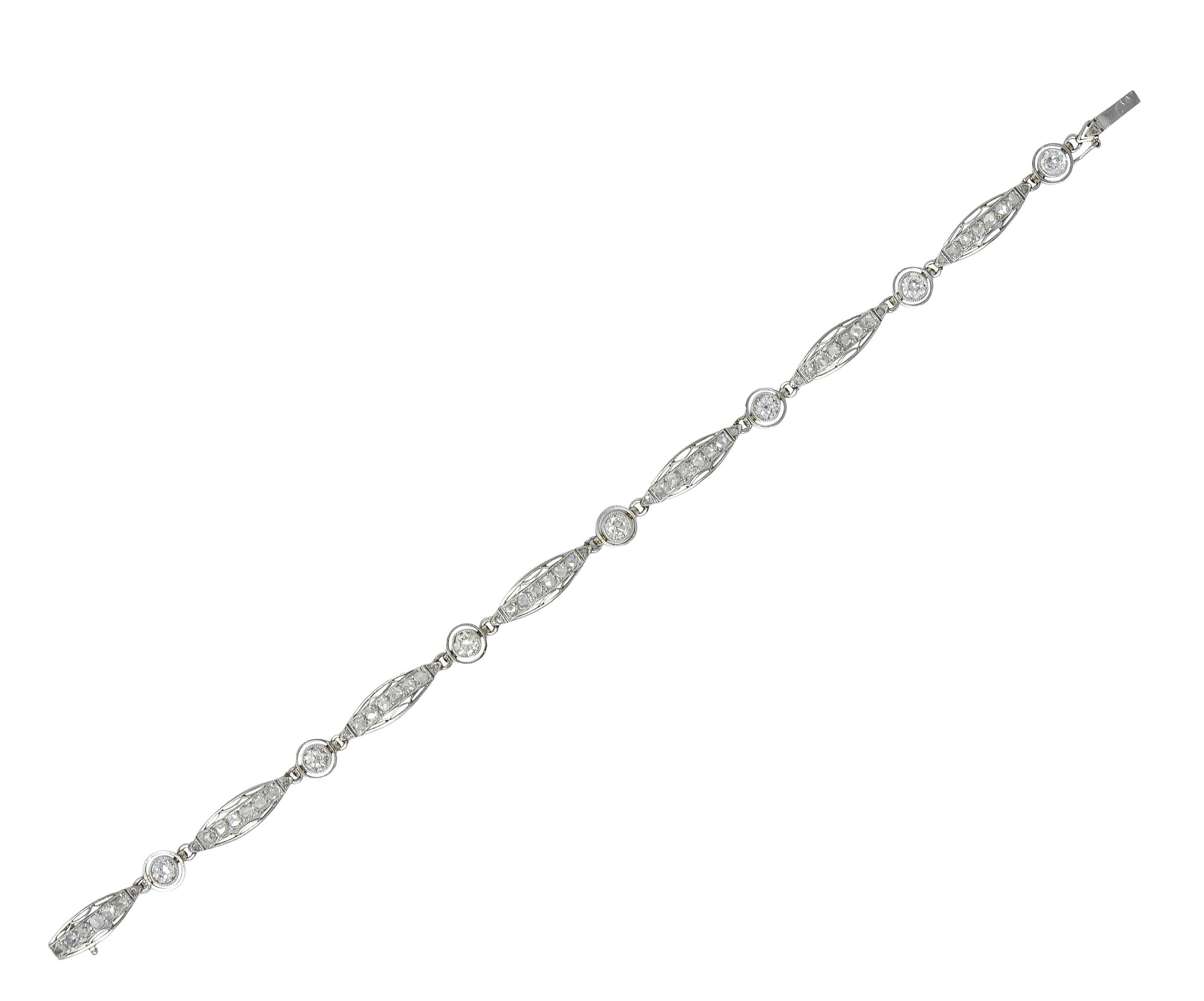 French Art Deco Old European Diamond Platinum Vintage Fancy Link Line Bracelet