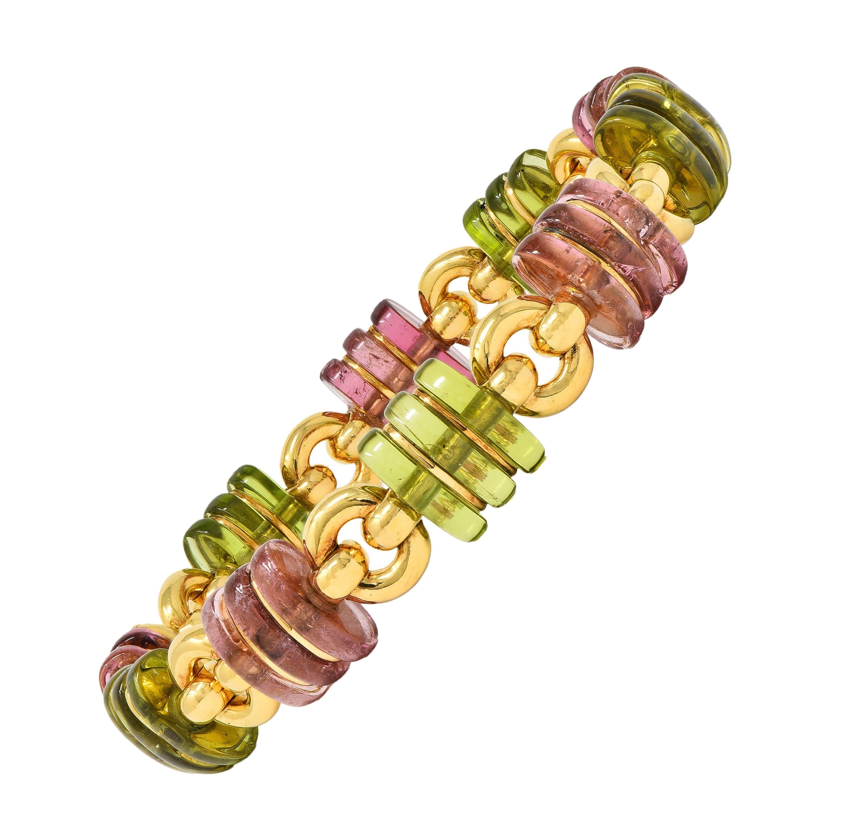 Bulgari 1990s Tourmaline 18 Karat Yellow Gold Vintage Link Bracelet