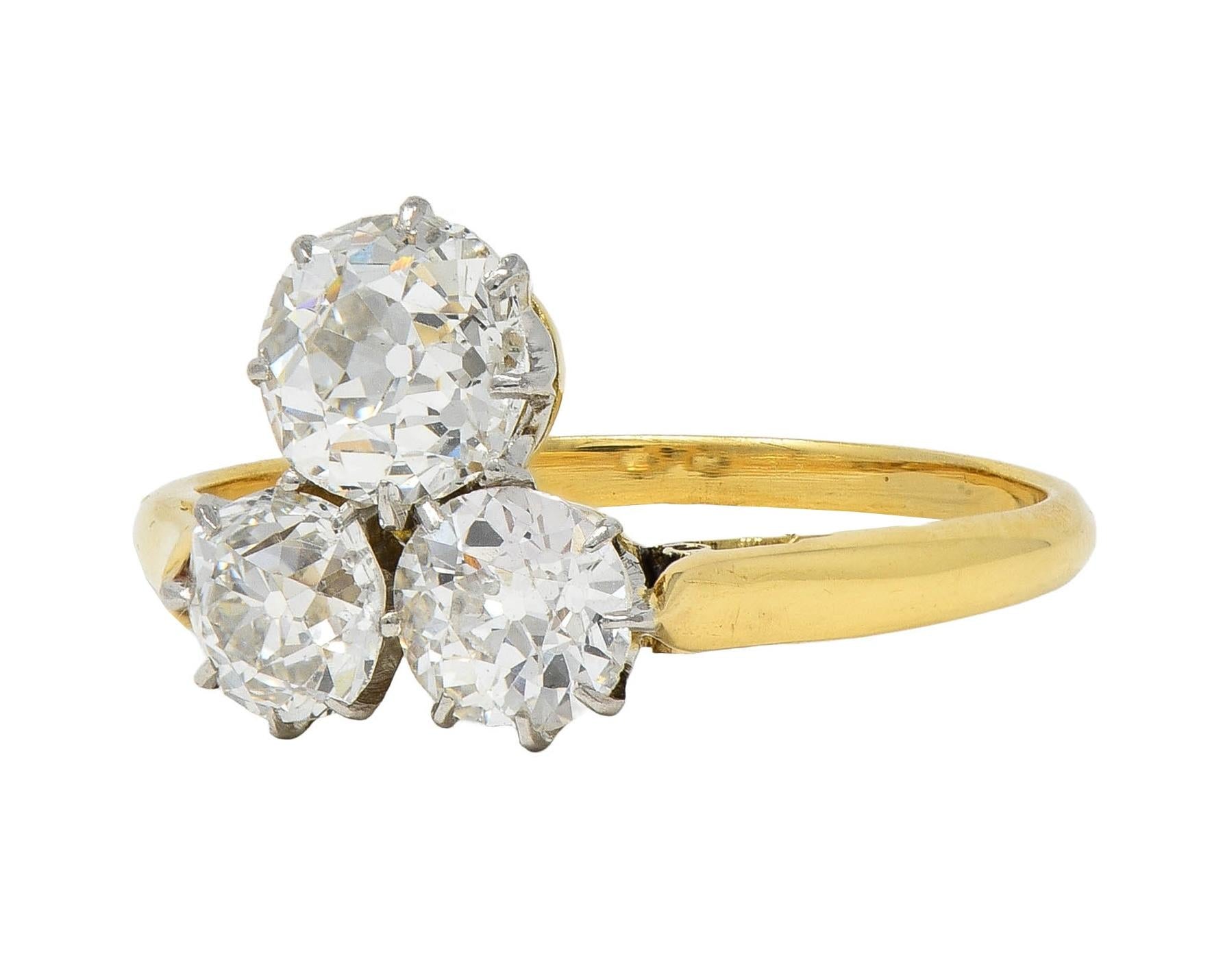 Edwardian 2.55 CTW Mine Diamond Platinum 18 Karat Gold Antique Three Stone Ring