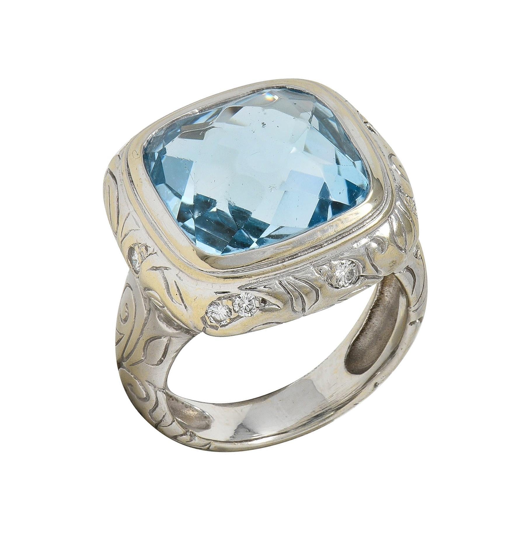 SeidenGang 2000's 11.40 CTW Aquamarine Diamond 14 Karat White Gold Foliate Ring