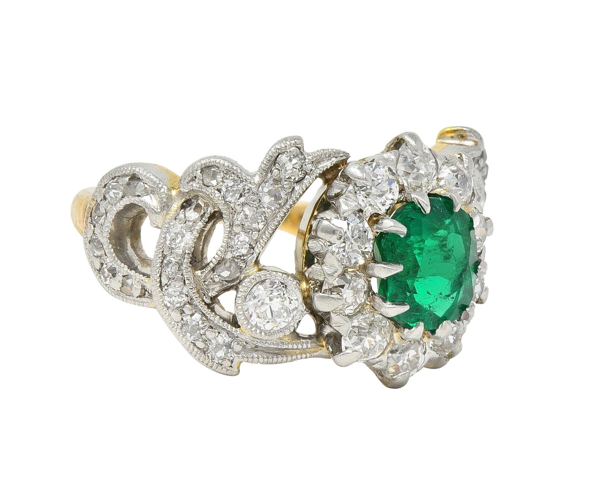 Edwardian 1.85 CTW Emerald Diamond Platinum 14 Karat Gold Antique Halo Ring