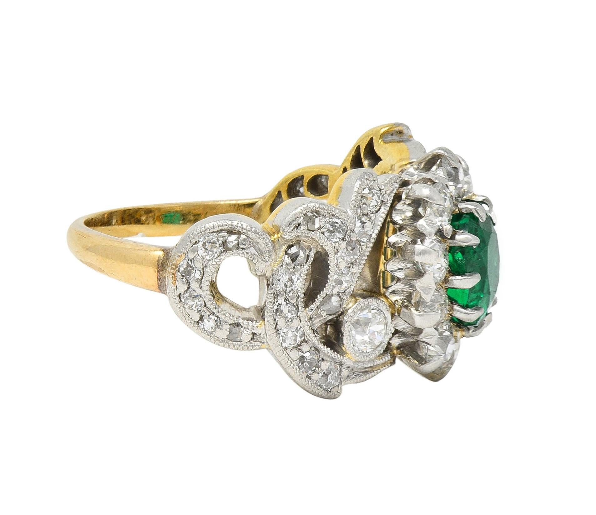 Edwardian 1.85 CTW Emerald Diamond Platinum 14 Karat Gold Antique Halo Ring