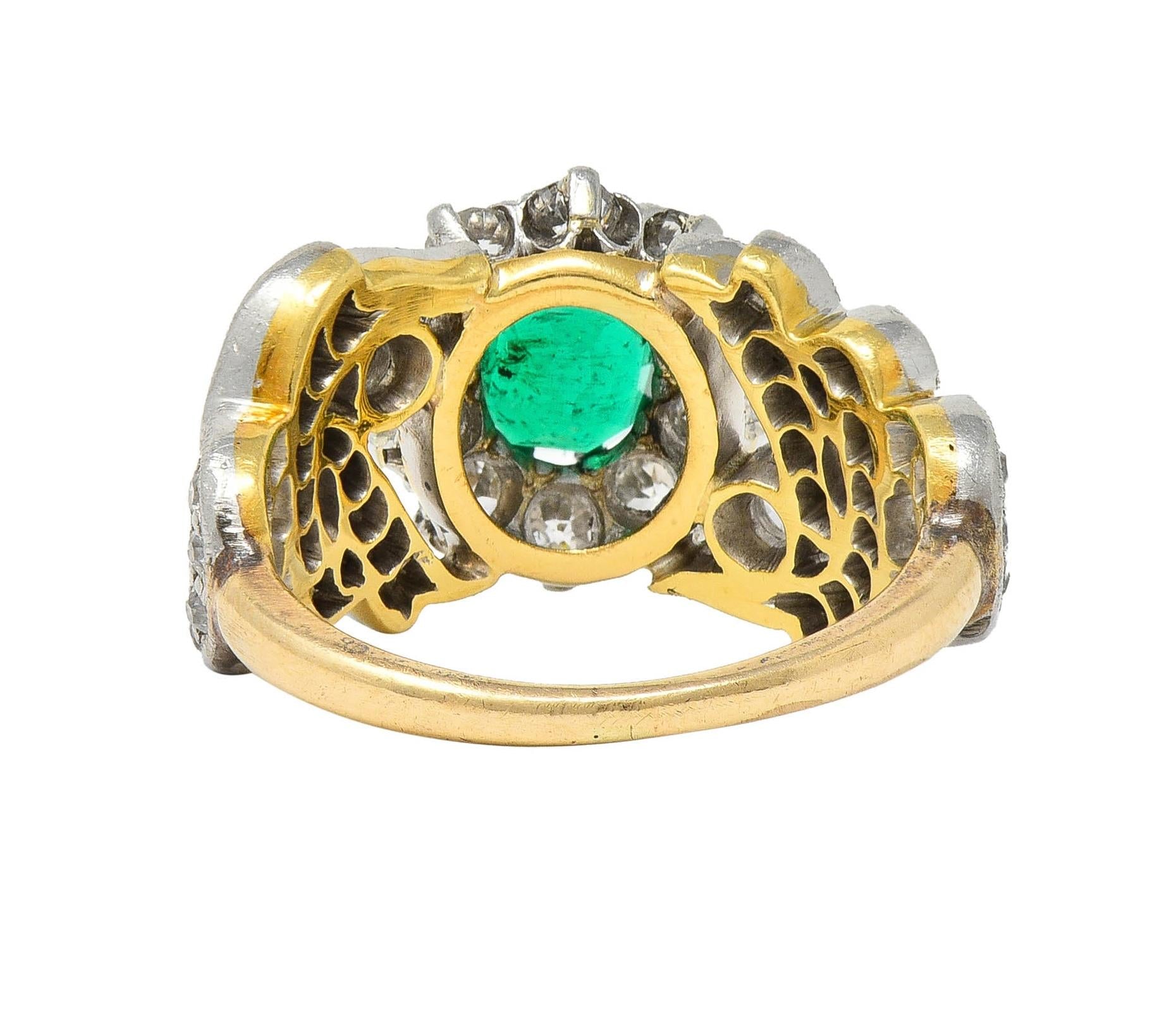 Edwardian 1.85 CTW Emerald Diamond Platinum 14 Karat Gold Antique Halo Ring