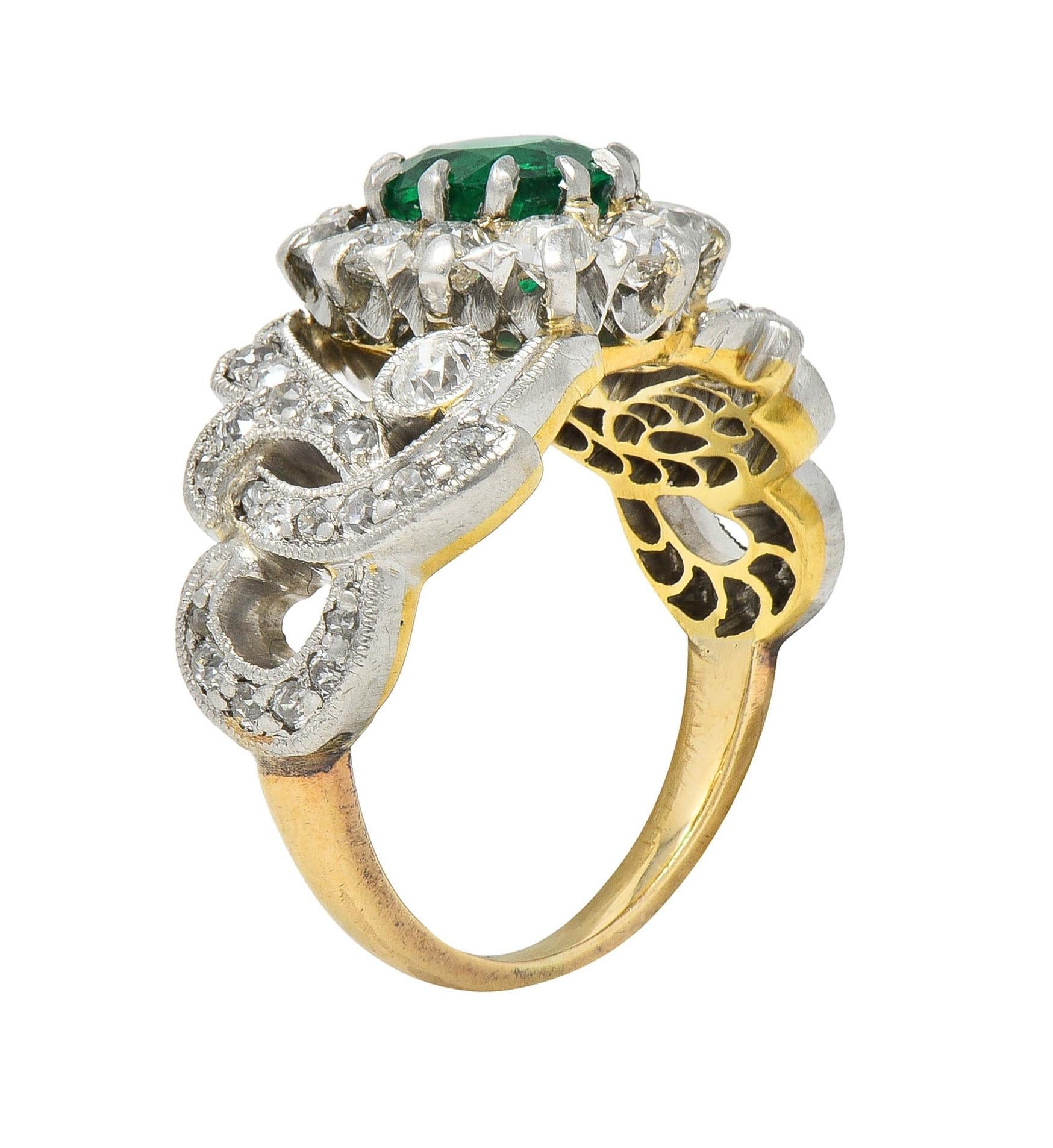 Edwardian 1.85 CTW Emerald Diamond Platinum 14 Karat Gold Antique Halo Ring