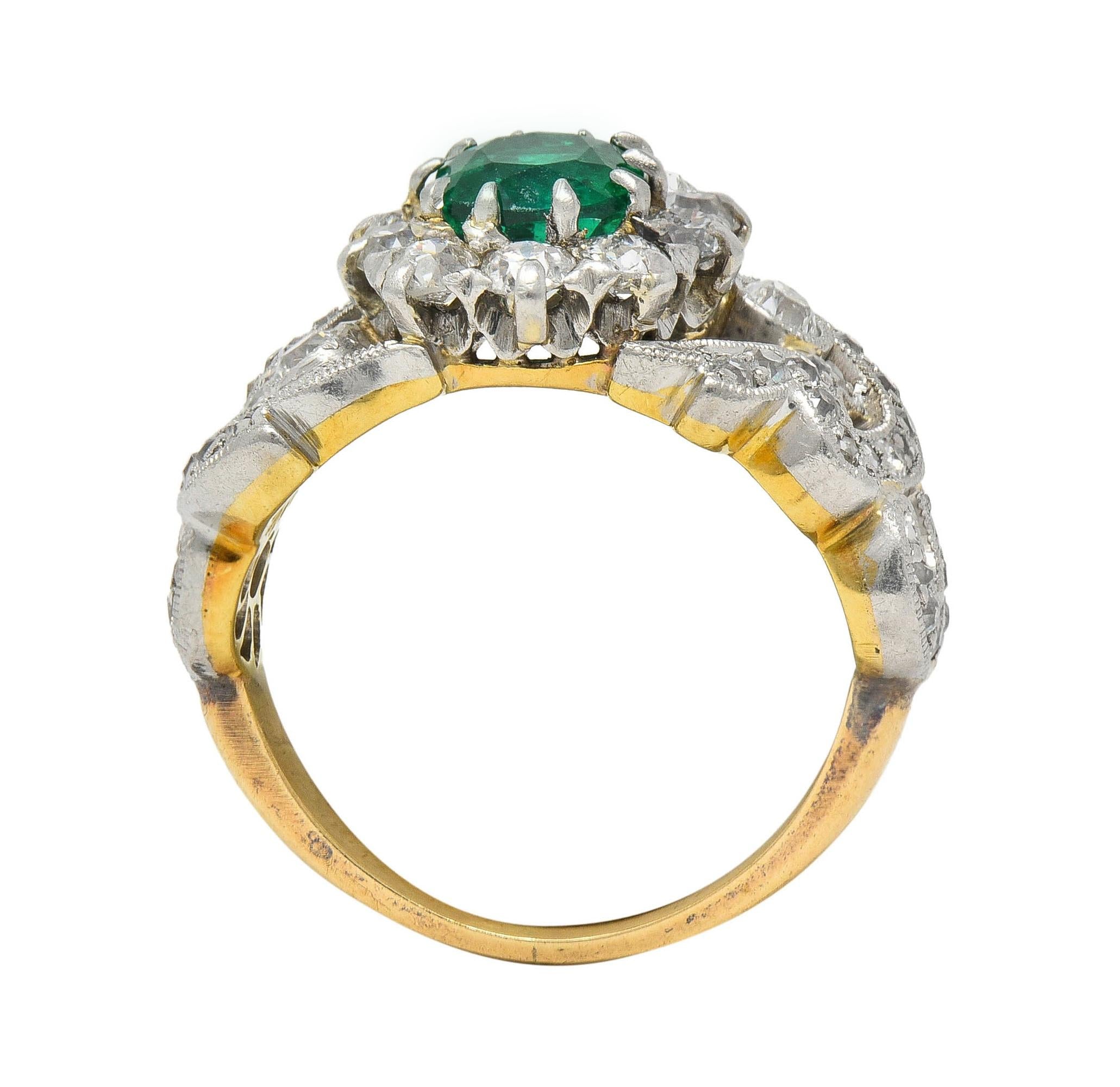 Edwardian 1.85 CTW Emerald Diamond Platinum 14 Karat Gold Antique Halo Ring