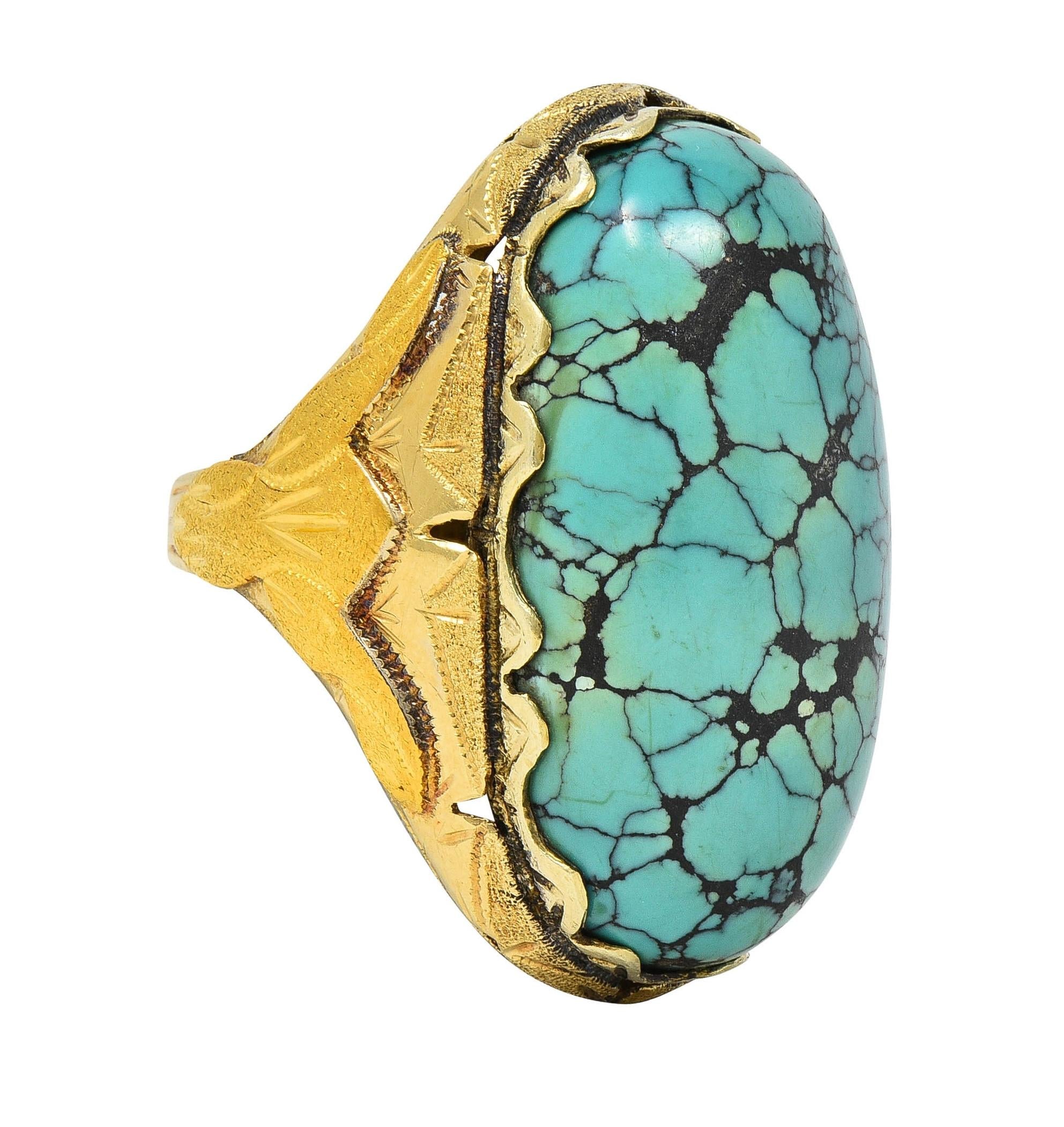 Retro Turquoise Cabochon 14 Karat Yellow Gold Vintage Statement Ring