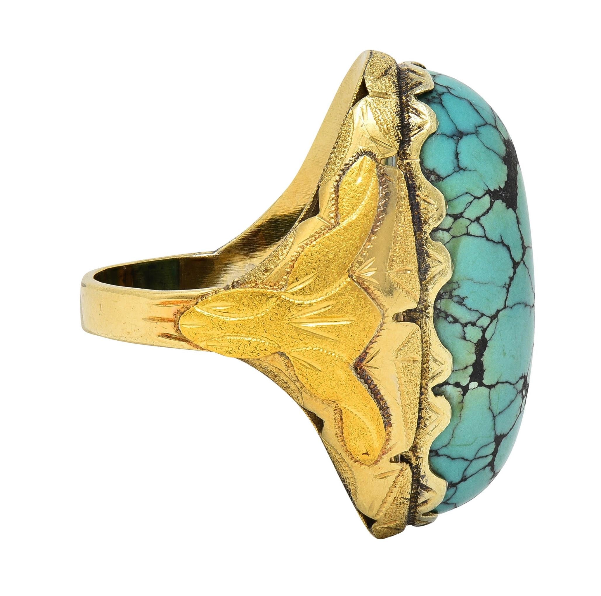 Retro Turquoise Cabochon 14 Karat Yellow Gold Vintage Statement Ring