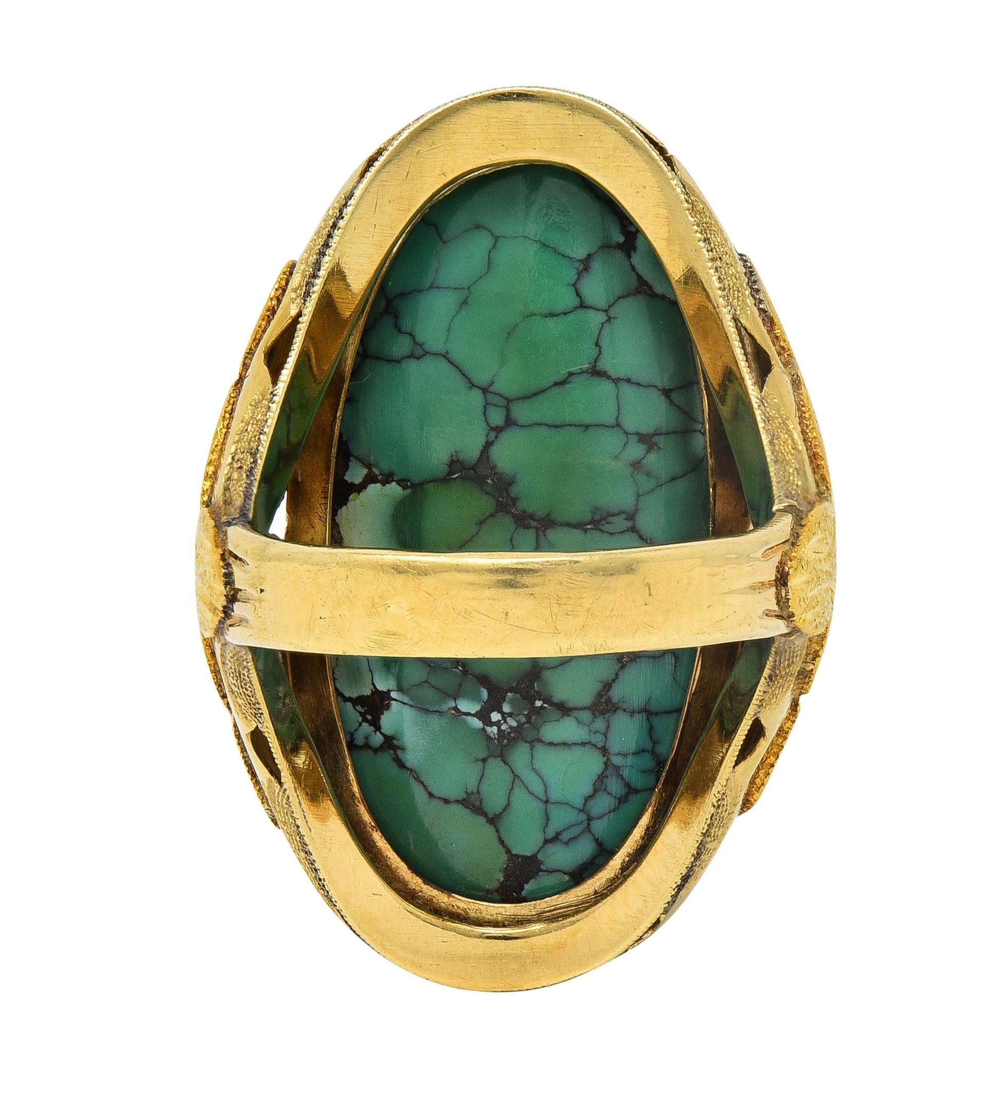 Retro Turquoise Cabochon 14 Karat Yellow Gold Vintage Statement Ring