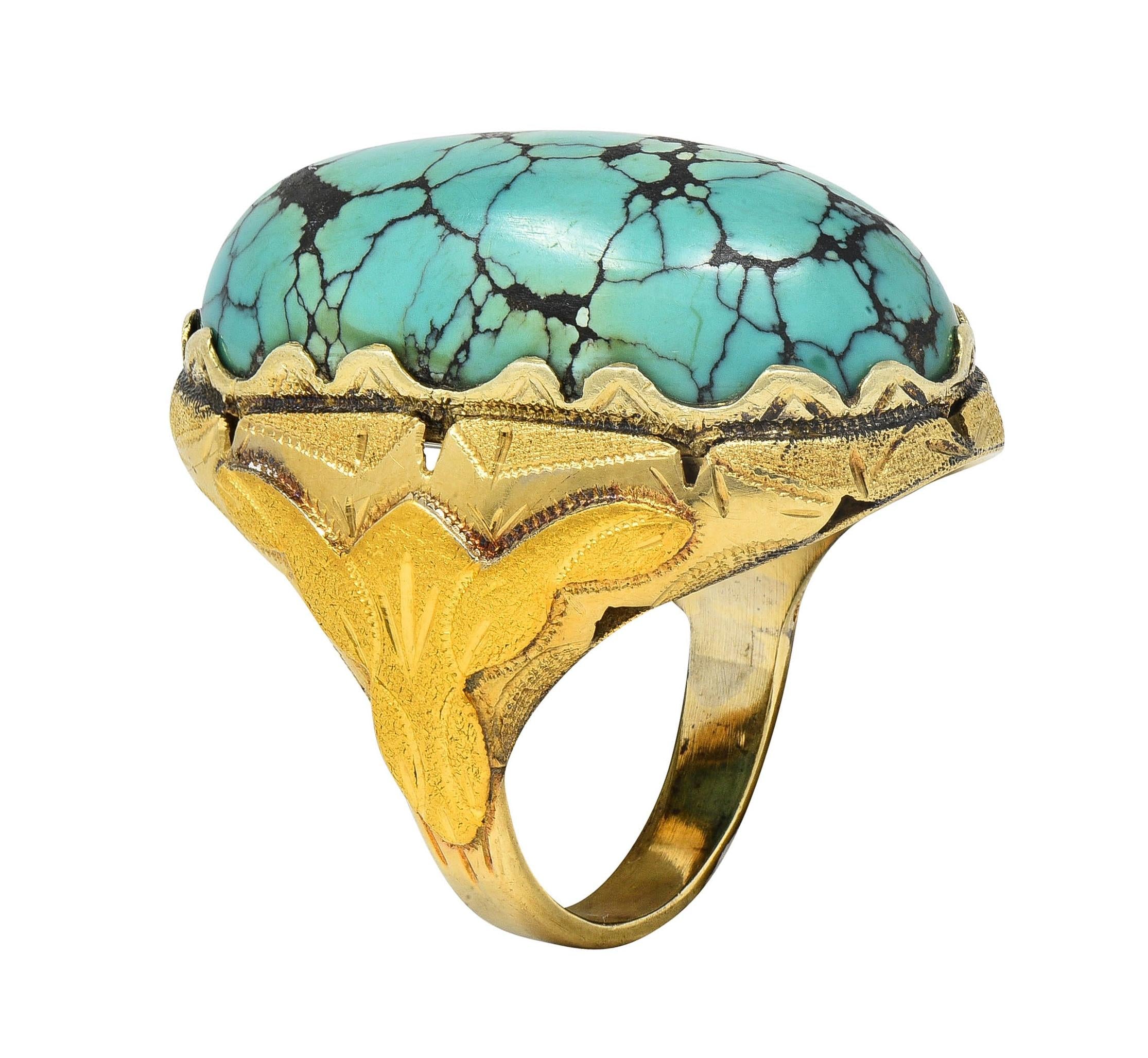 Retro Turquoise Cabochon 14 Karat Yellow Gold Vintage Statement Ring