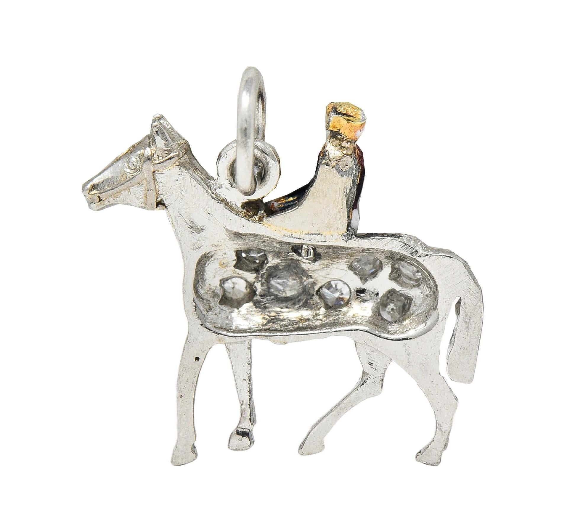 Edwardian Diamond Sapphire Enamel 18K Gold Platinum Race Horse Antique Charm