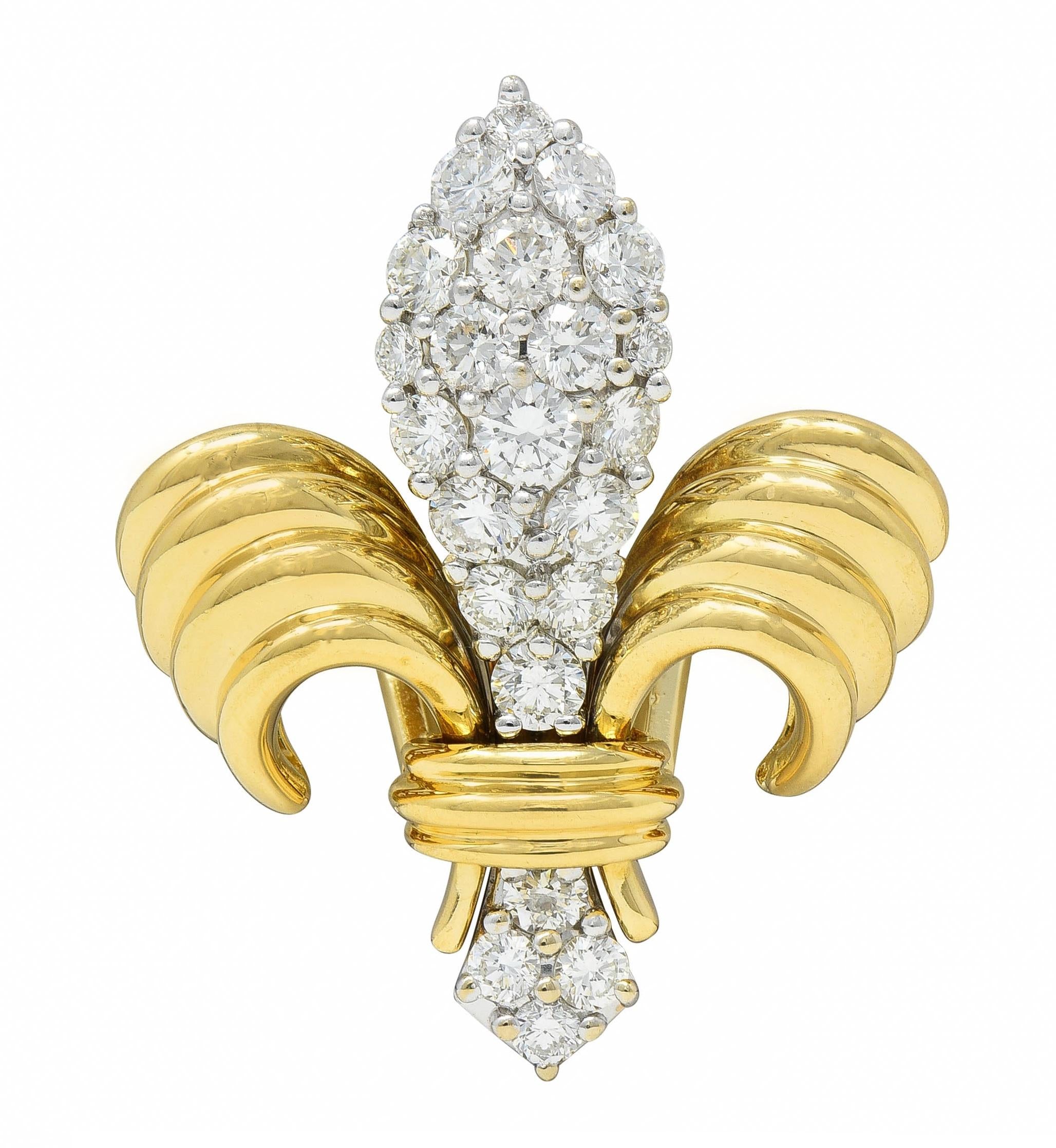 Contemporary 1.30 CTW Diamond 18 Karat Two-Tone Gold Fleur-De-Lis Pendant