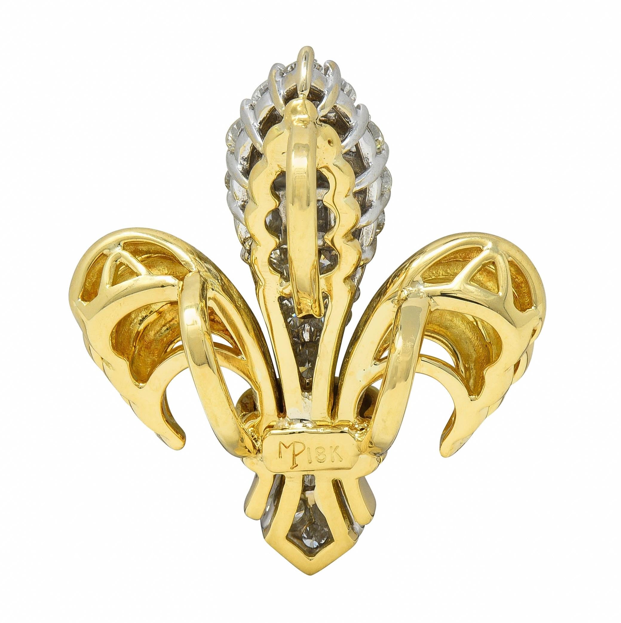 Contemporary 1.30 CTW Diamond 18 Karat Two-Tone Gold Fleur-De-Lis Pendant