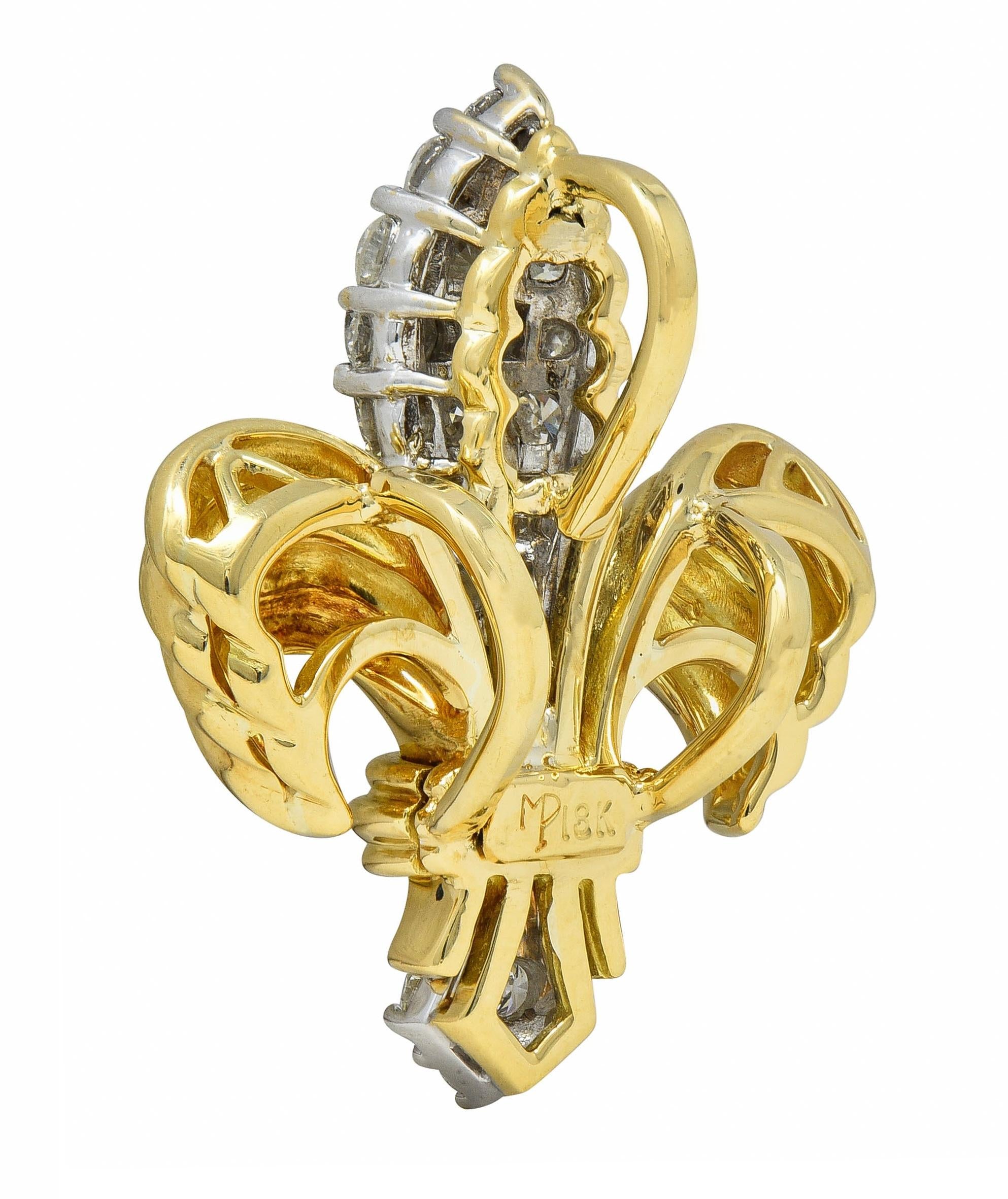 Contemporary 1.30 CTW Diamond 18 Karat Two-Tone Gold Fleur-De-Lis Pendant