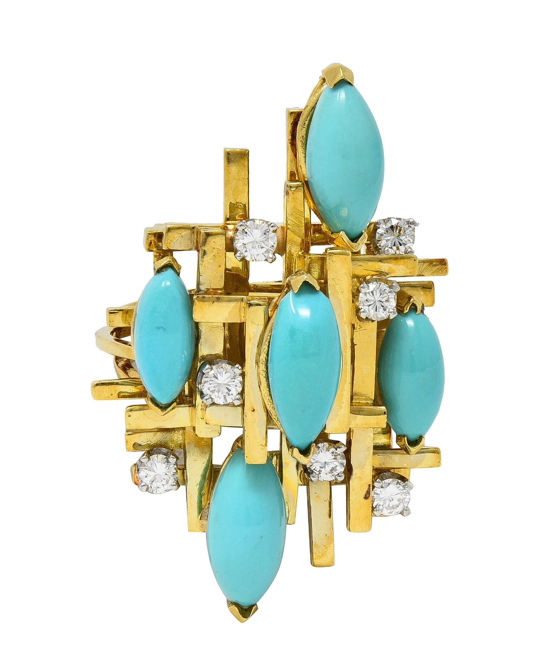 Henry Dunay Modernist Diamond Turquoise Platinum 18K Gold Cocktail Ring