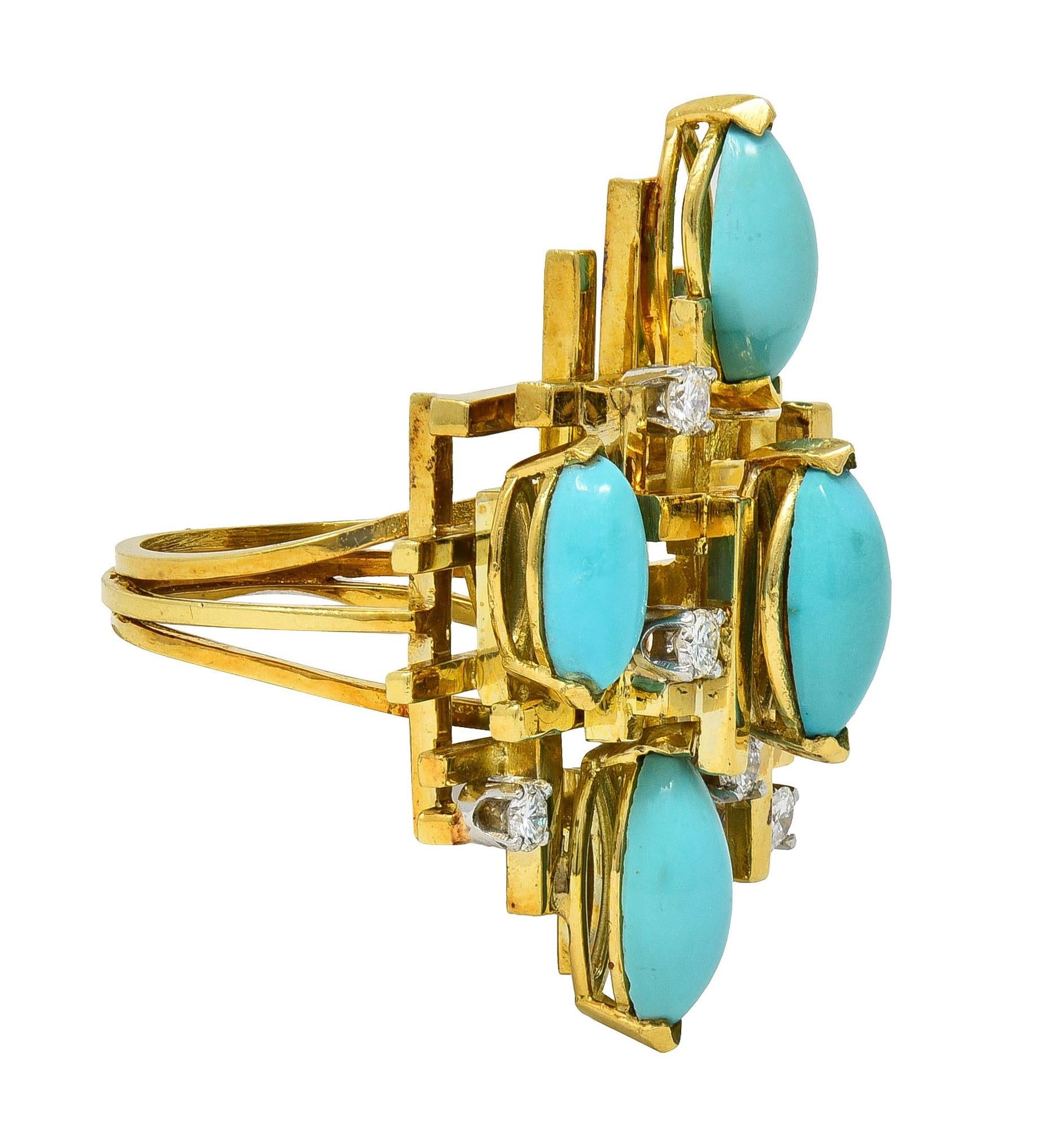 Henry Dunay Modernist Diamond Turquoise Platinum 18K Gold Cocktail Ring