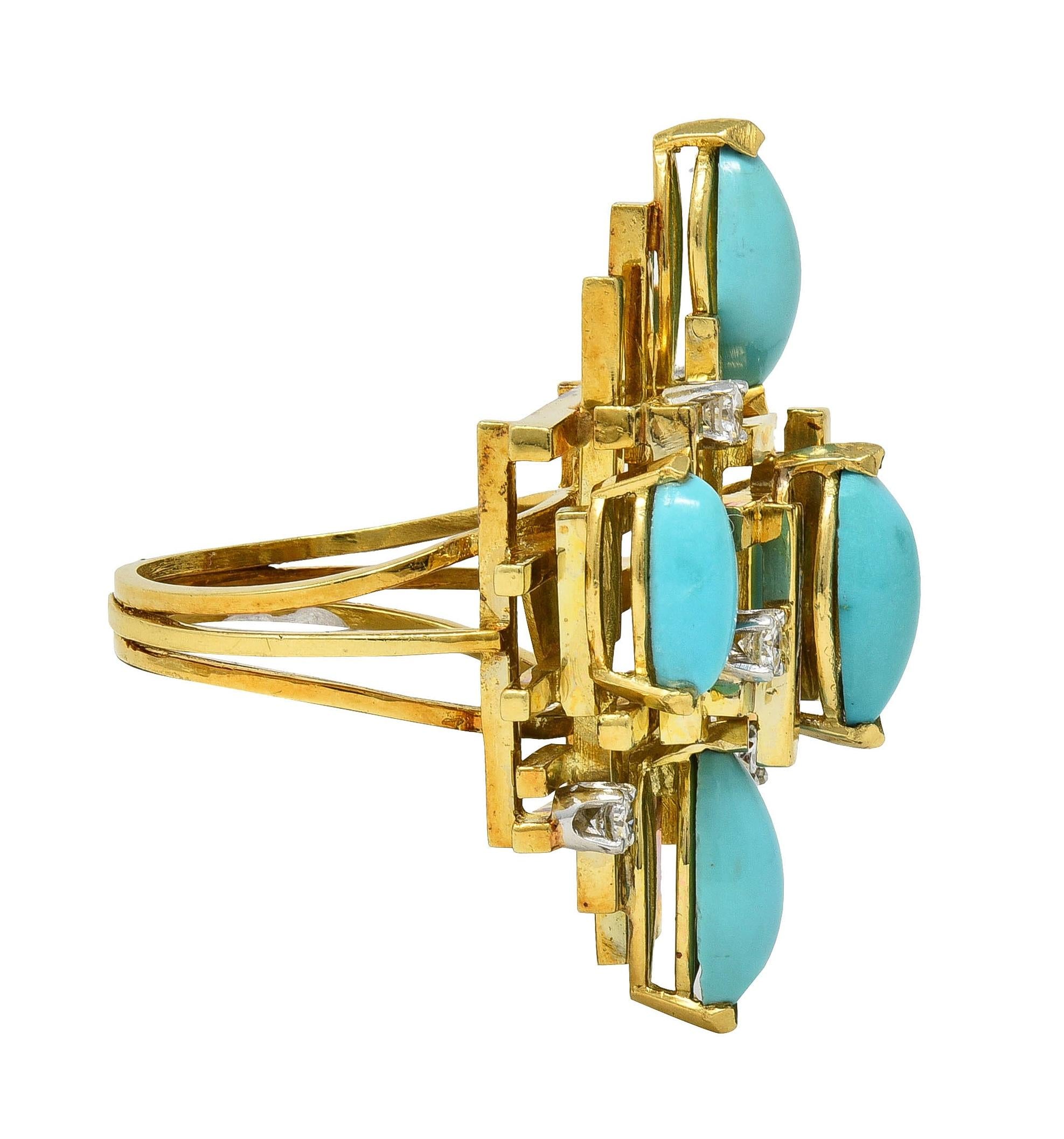 Henry Dunay Modernist Diamond Turquoise Platinum 18K Gold Cocktail Ring