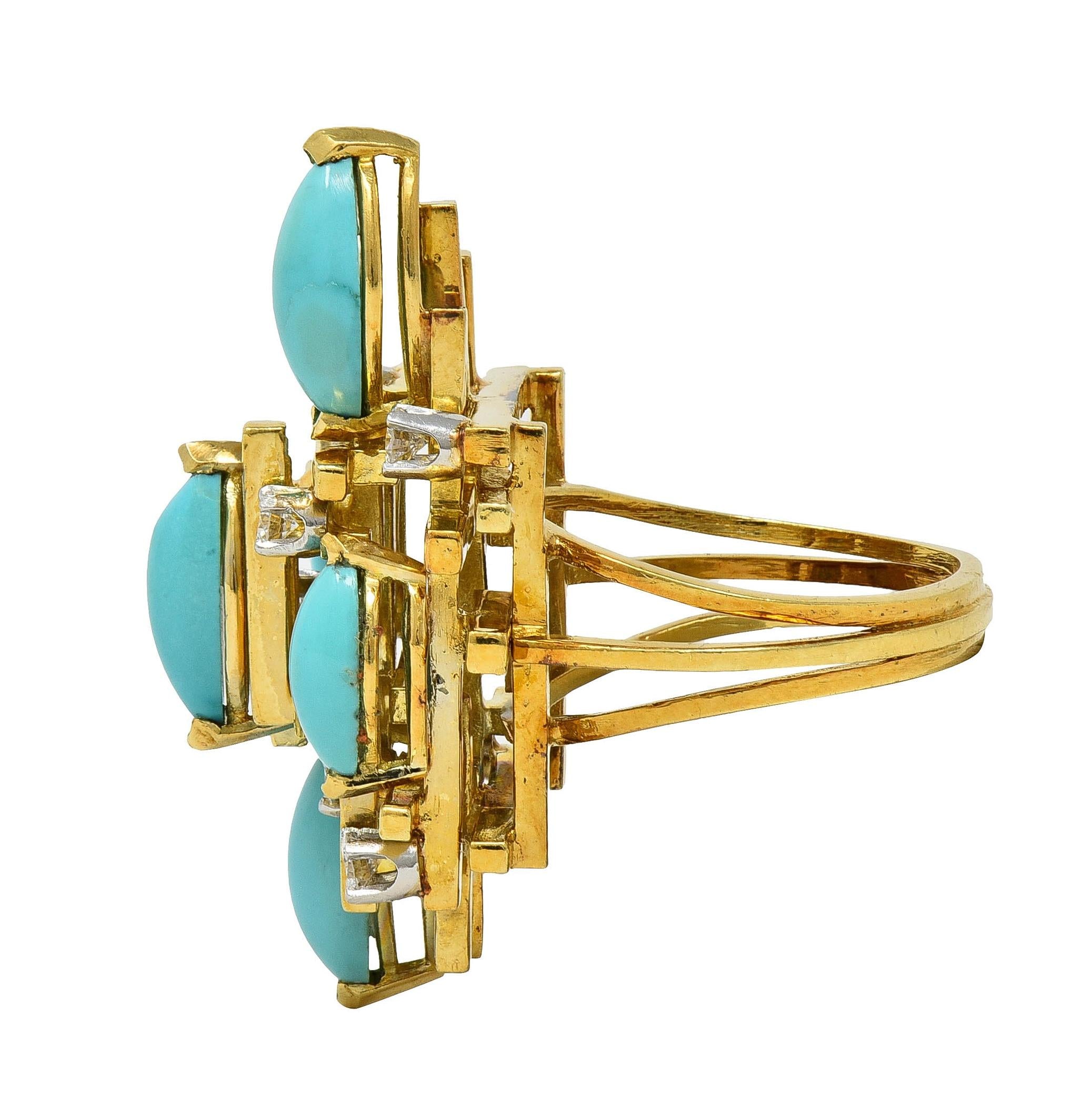 Henry Dunay Modernist Diamond Turquoise Platinum 18K Gold Cocktail Ring