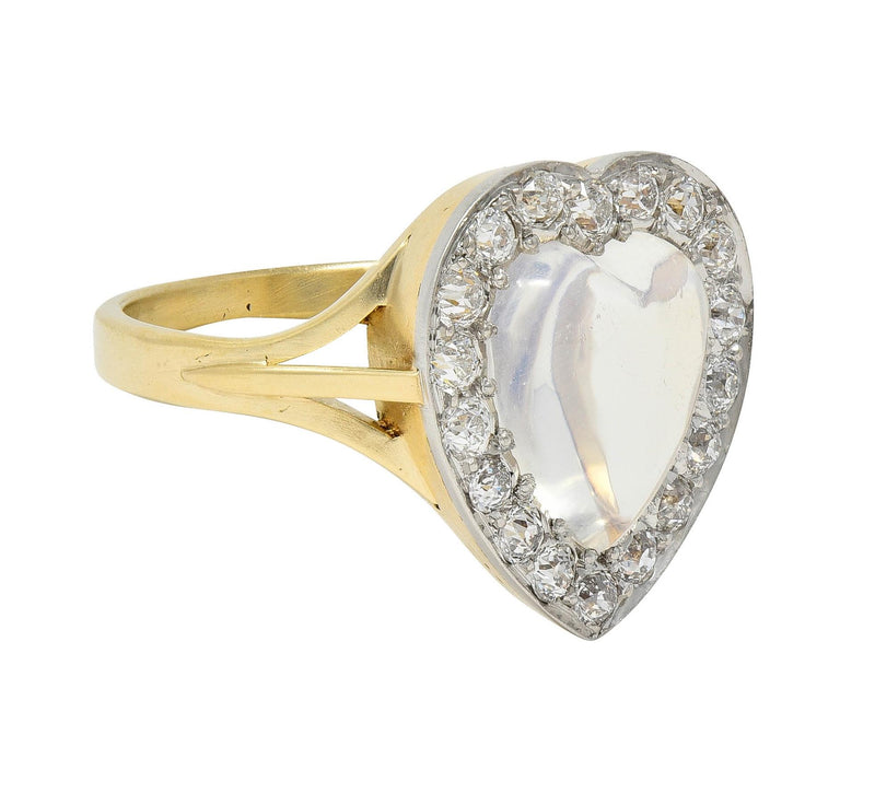 Edwardian Diamond Moonstone Platinum 14K Gold Antique Heart Halo Ring