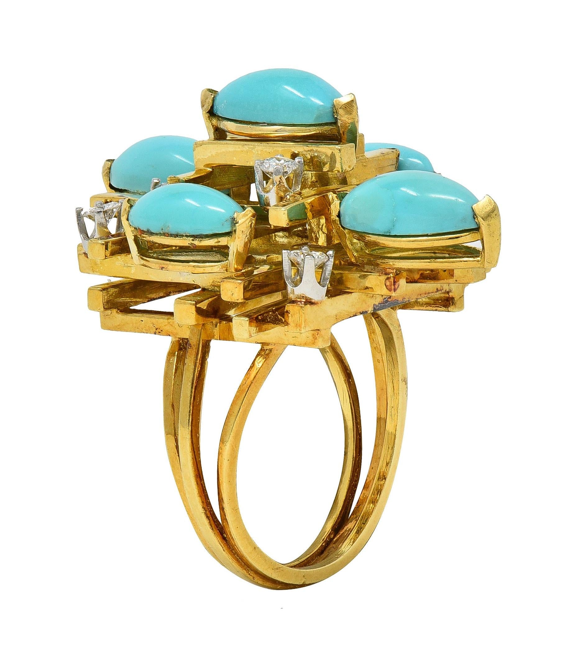 Henry Dunay Modernist Diamond Turquoise Platinum 18K Gold Cocktail Ring