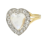 Edwardian Diamond Moonstone Platinum 14K Gold Antique Heart Halo Ring