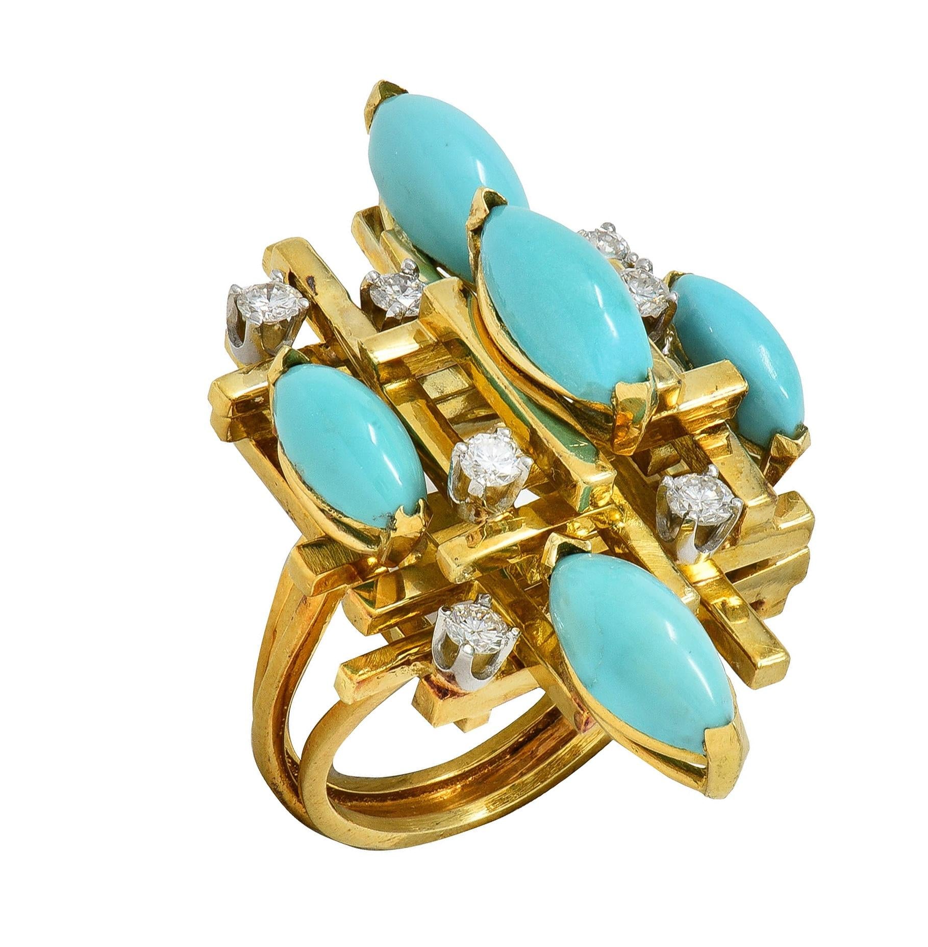 Henry Dunay Modernist Diamond Turquoise Platinum 18K Gold Cocktail Ring