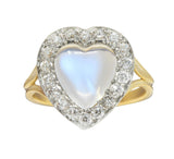 Edwardian Diamond Moonstone Platinum 14K Gold Antique Heart Halo Ring