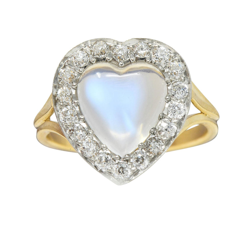 Edwardian Diamond Moonstone Platinum 14K Gold Antique Heart Halo Ring