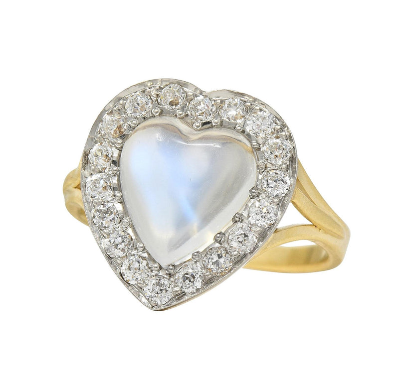 Edwardian Diamond Moonstone Platinum 14K Gold Antique Heart Halo Ring